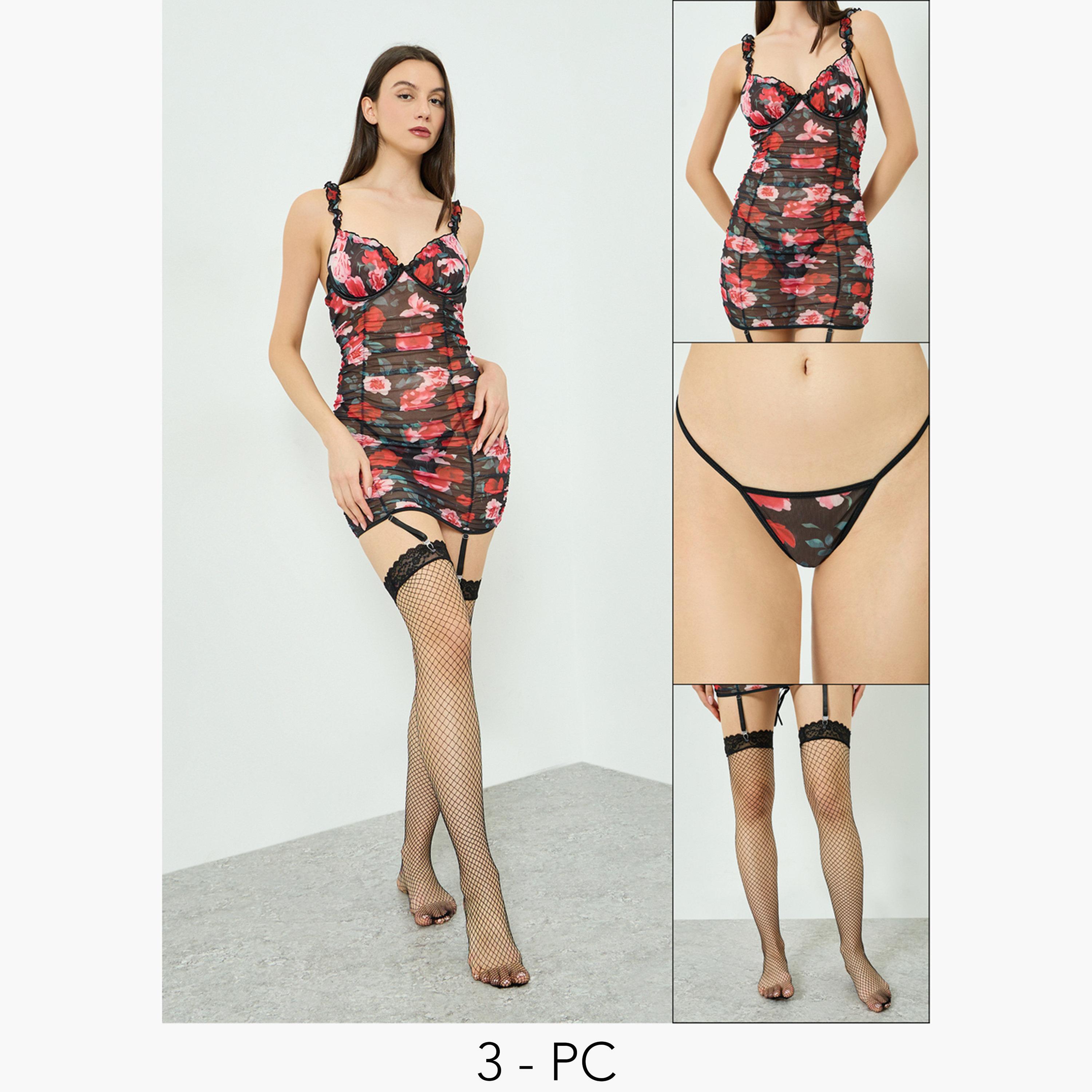 بيبي دول بطبعة زهور وتفاصيل كشكش مع جوارب طويلة وثونغ-women-clothing-lingerie-babydollsandbodysuits-image-1