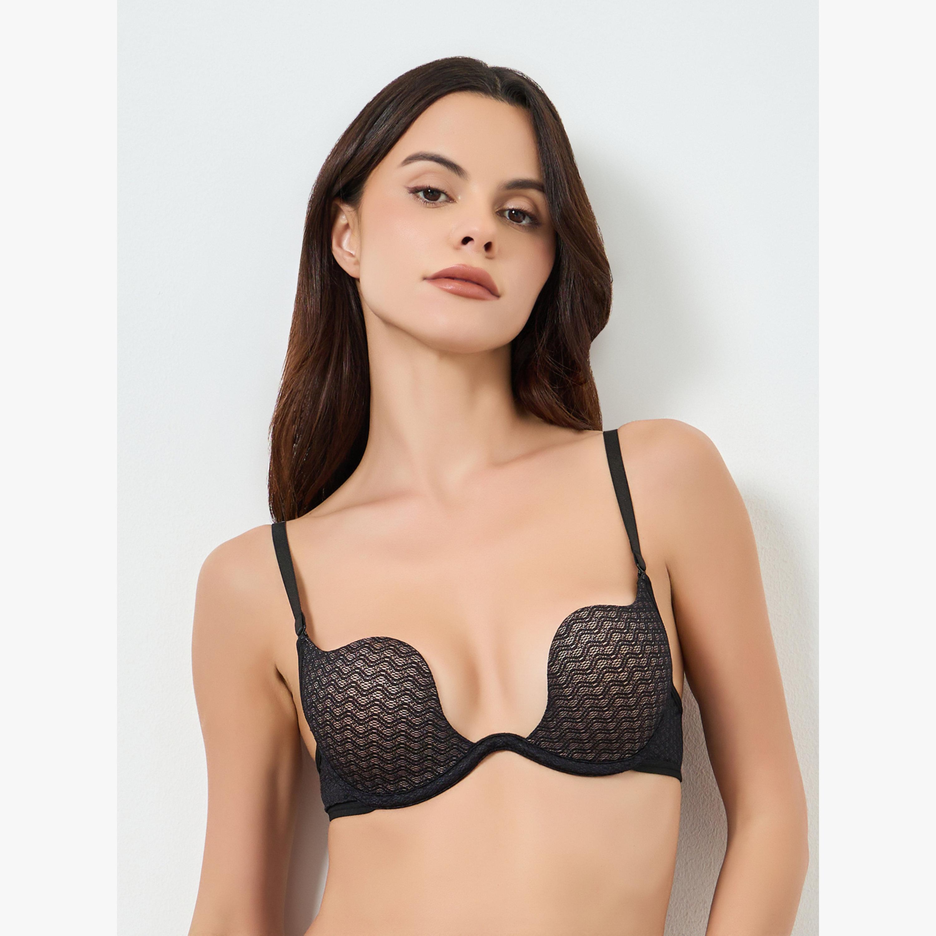 Take Two Black Padded Lace Plunge Bra-women-clothing-lingerie-bras-image-1