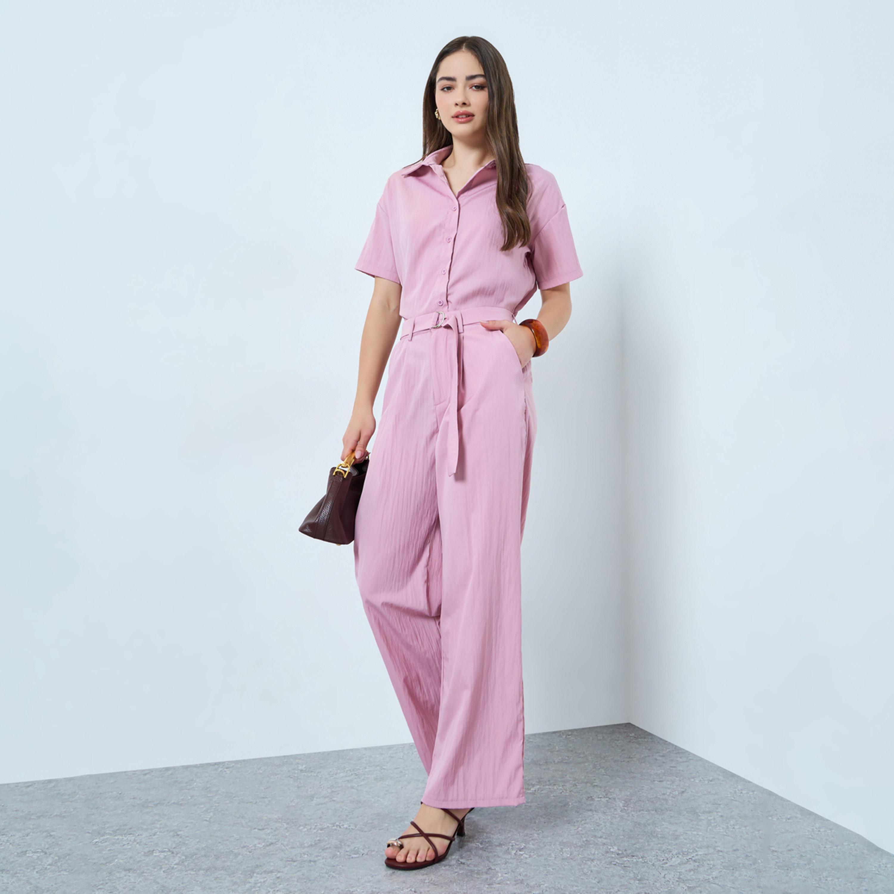 Styli Solid Short Sleeve Shirt and Belted Wide Leg Pants Co-Ords-women-clothing-coordsets-image-1