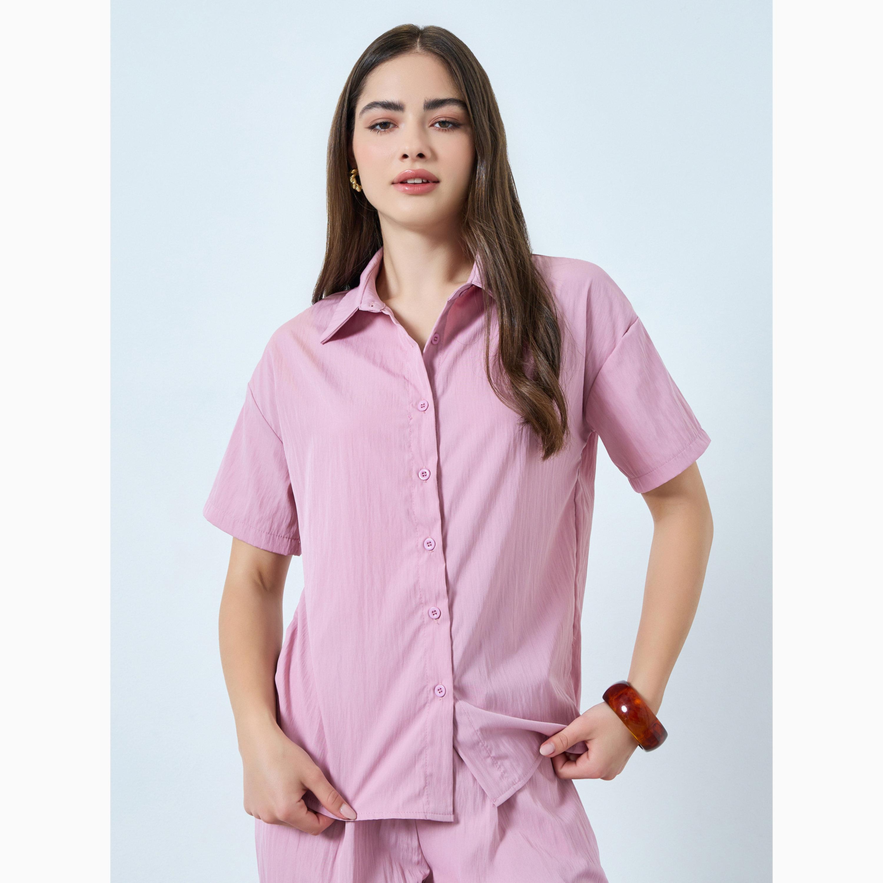Styli Solid Short Sleeve Shirt and Belted Wide Leg Pants Co-Ords-women-clothing-coordsets-image-2