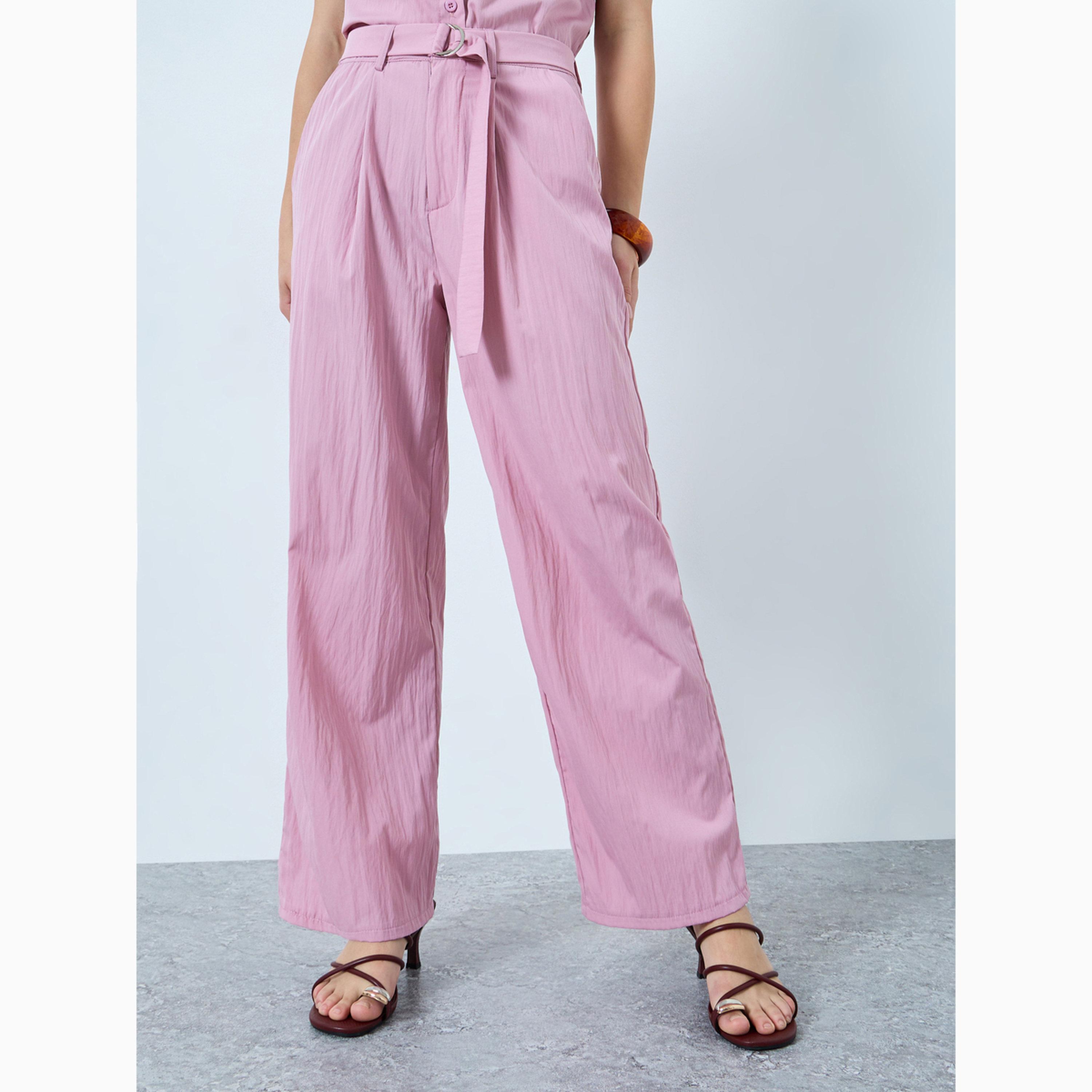 Styli Solid Short Sleeve Shirt and Belted Wide Leg Pants Co-Ords-women-clothing-coordsets-image-4