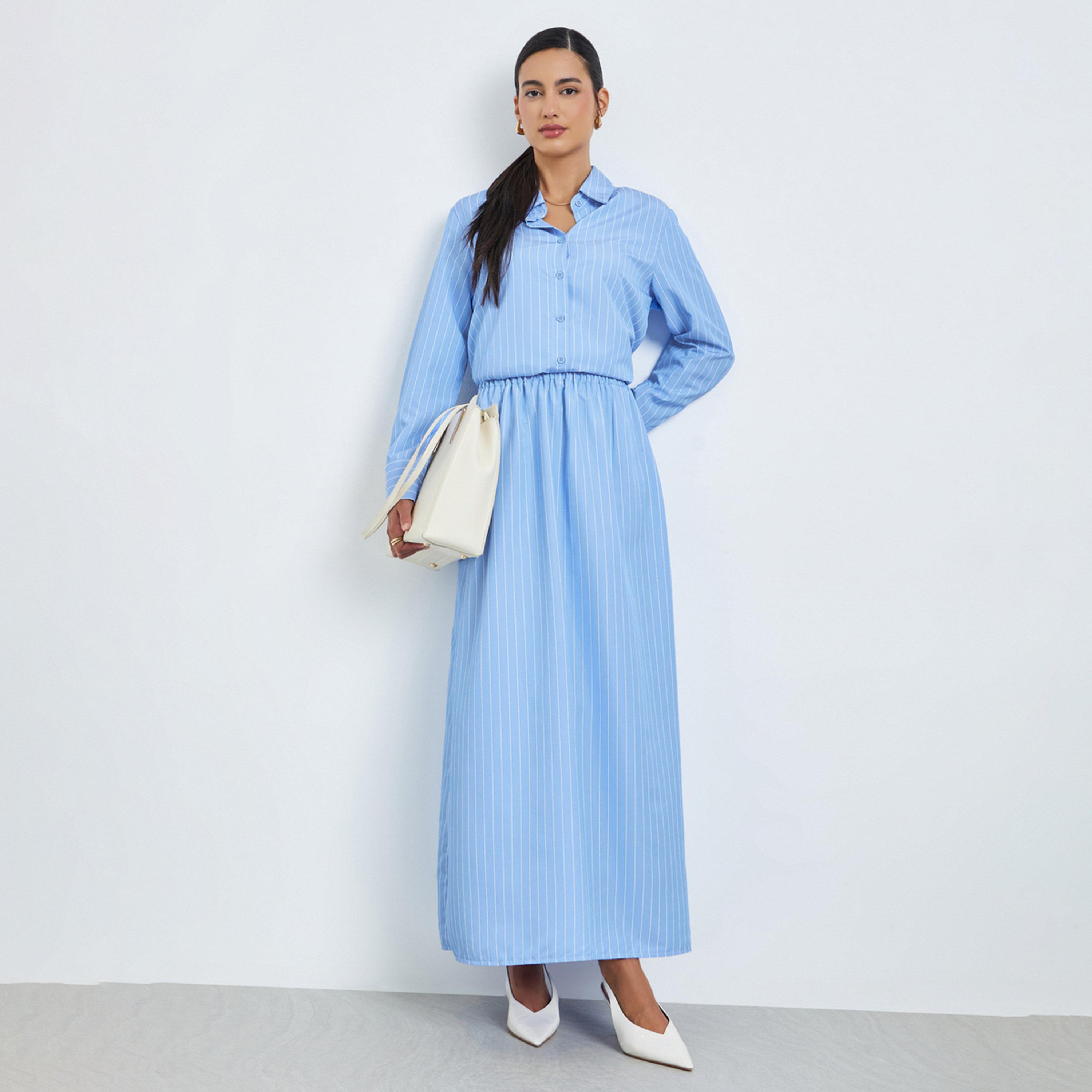 طقم منسق من تنورة طويلة بحافة واسعة وبلوزة بأكمام طويلة ومخططة-women-clothing-coordsets-image-1