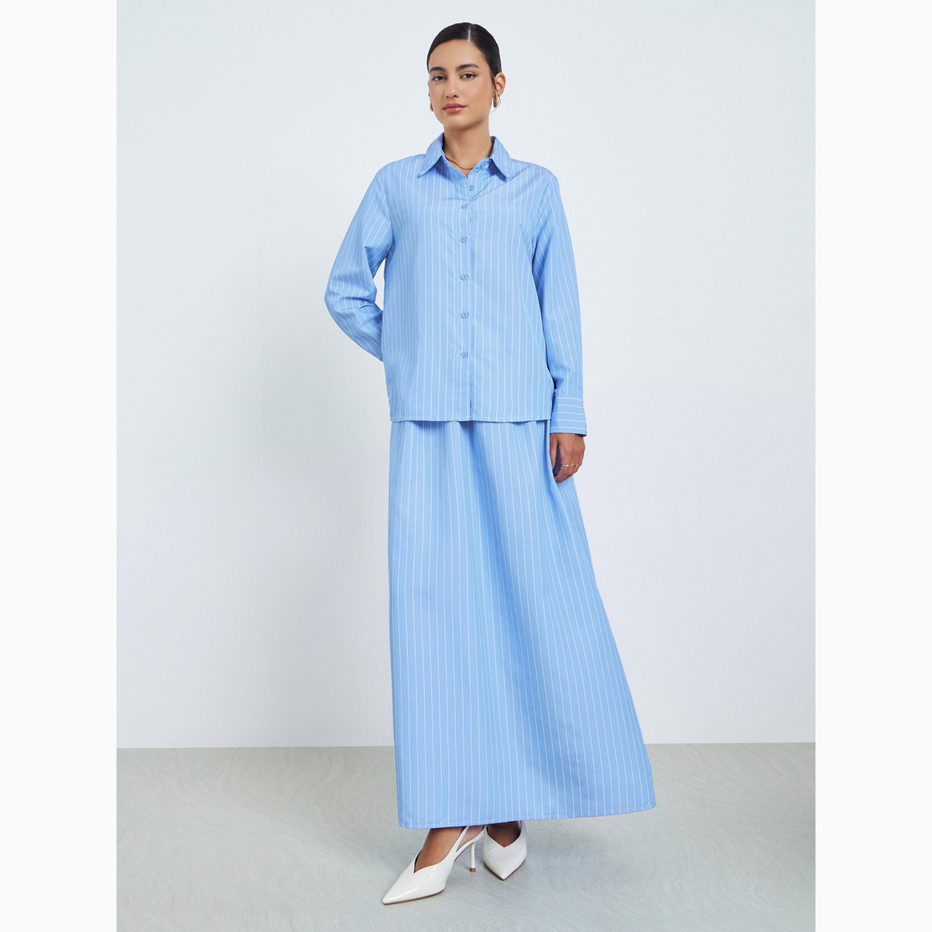 طقم منسق من تنورة طويلة بحافة واسعة وبلوزة بأكمام طويلة ومخططة-women-clothing-coordsets-image-3