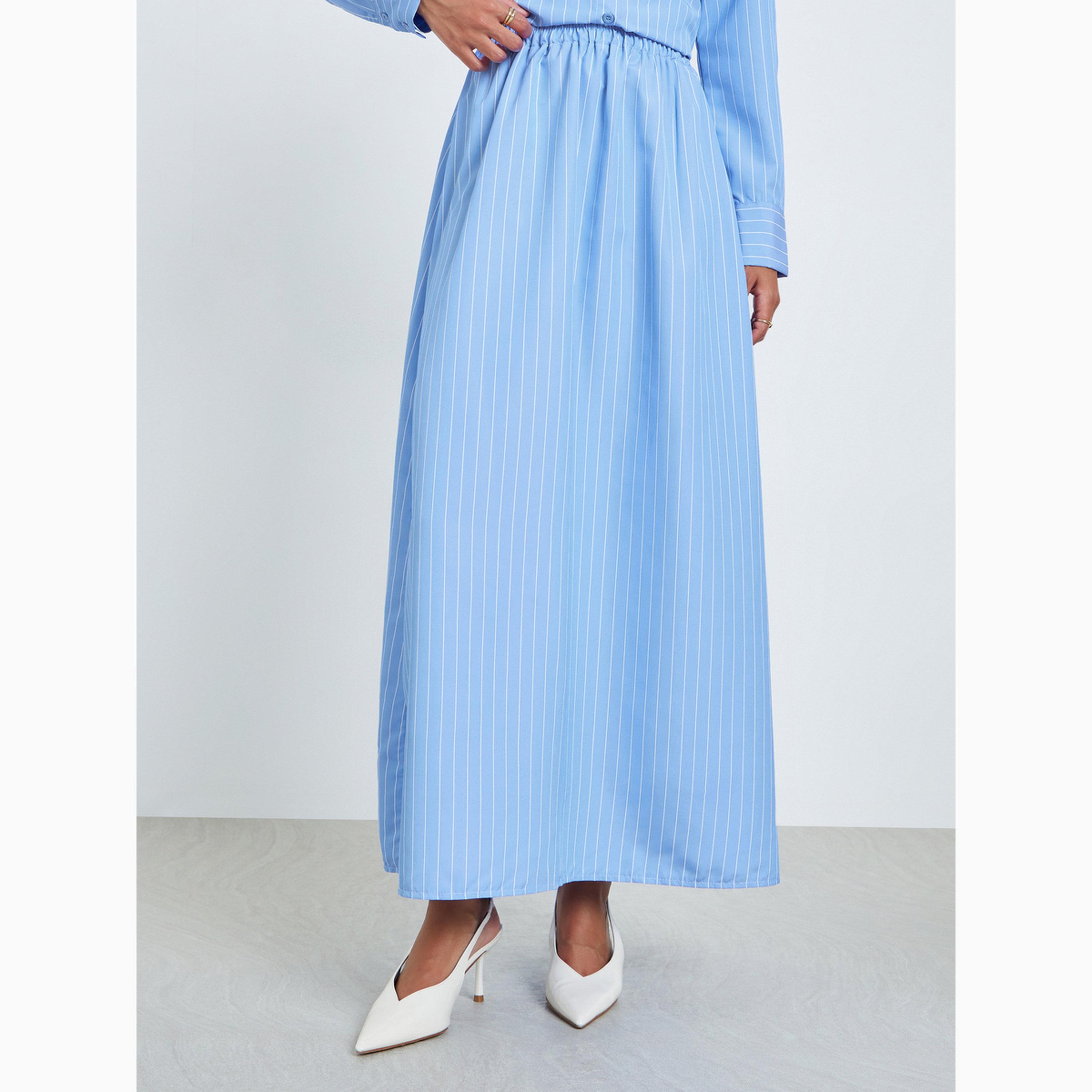 طقم منسق من تنورة طويلة بحافة واسعة وبلوزة بأكمام طويلة ومخططة-women-clothing-coordsets-image-6