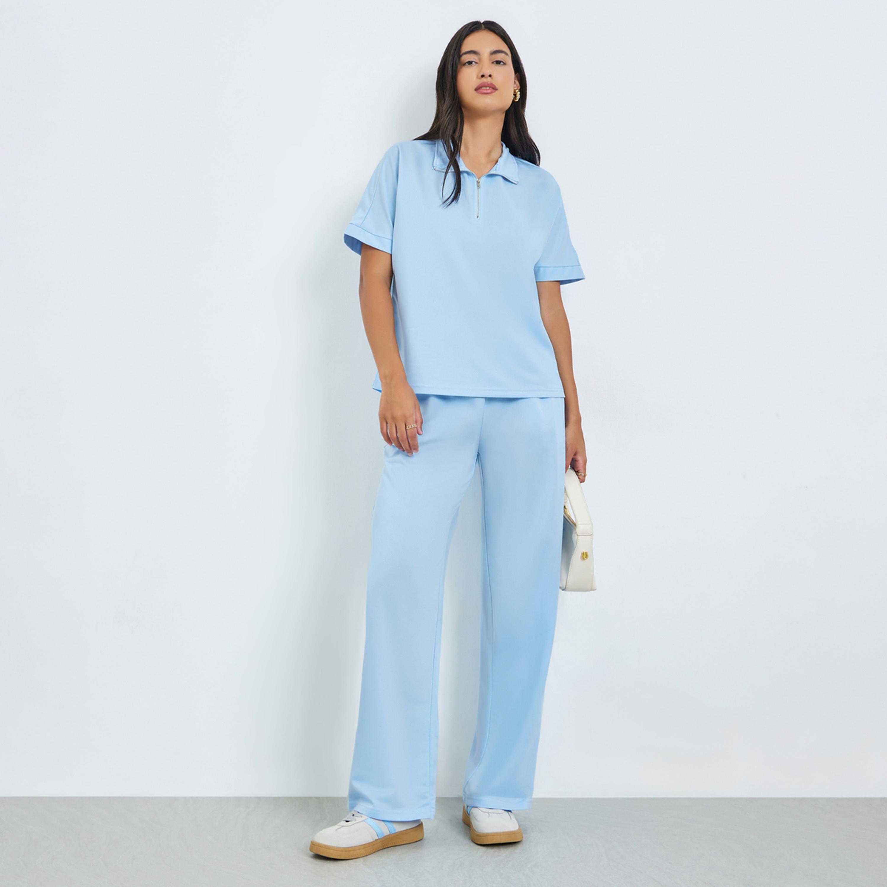 Styli Blue Short Sleeve Polo T-Shirt and Wide Leg Pants Co-Ords-women-clothing-coordsets-image-1