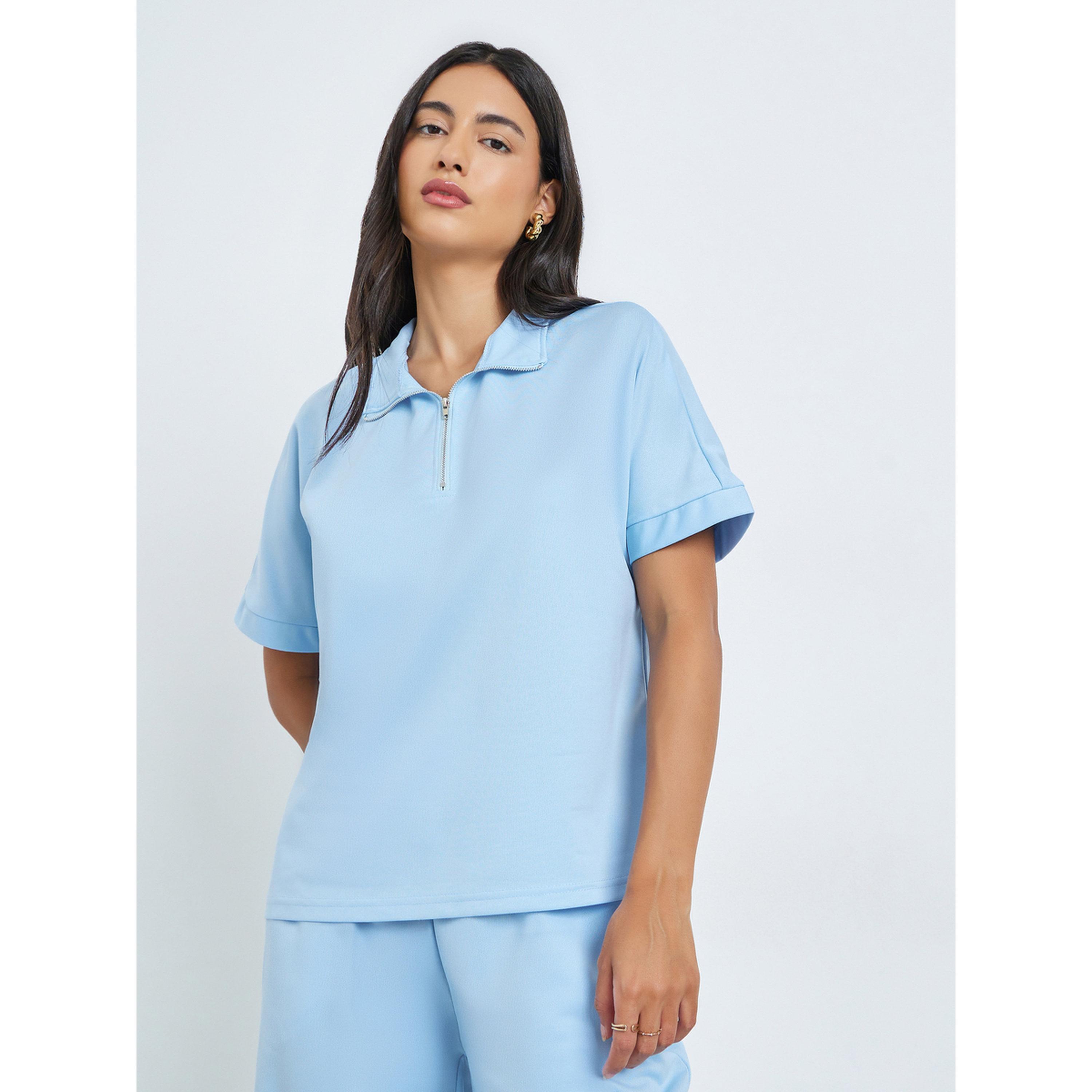 Styli Blue Short Sleeve Polo T-Shirt and Wide Leg Pants Co-Ords-women-clothing-coordsets-image-2