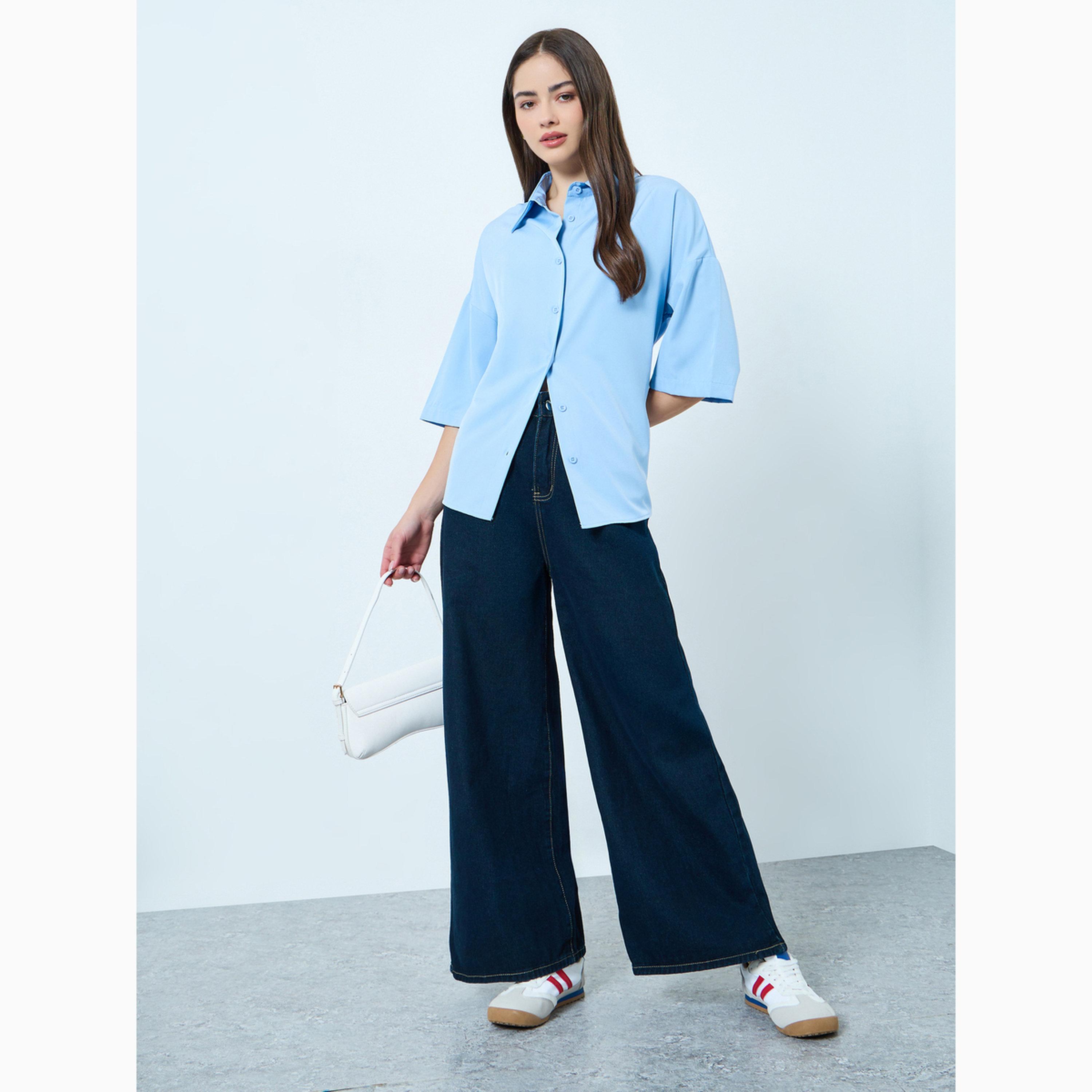 Styli Blue Solid 3/4 Sleeves Oversized Shirt-women-clothing-shirtsandblouses-shirts-image-2
