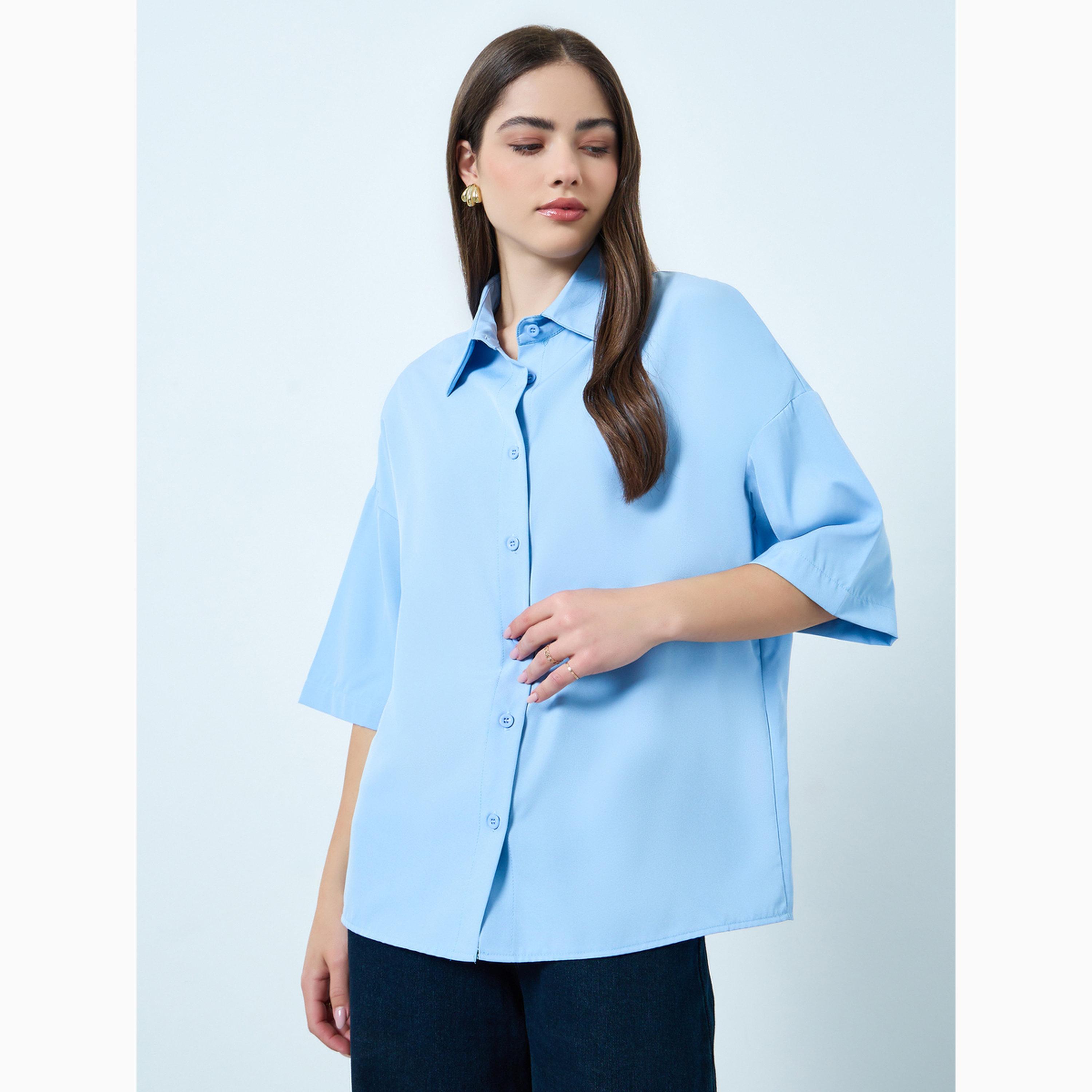 قميص أزرق سادة بأكمام 3/4 وقصة واسعة-women-clothing-shirtsandblouses-shirts-image-3