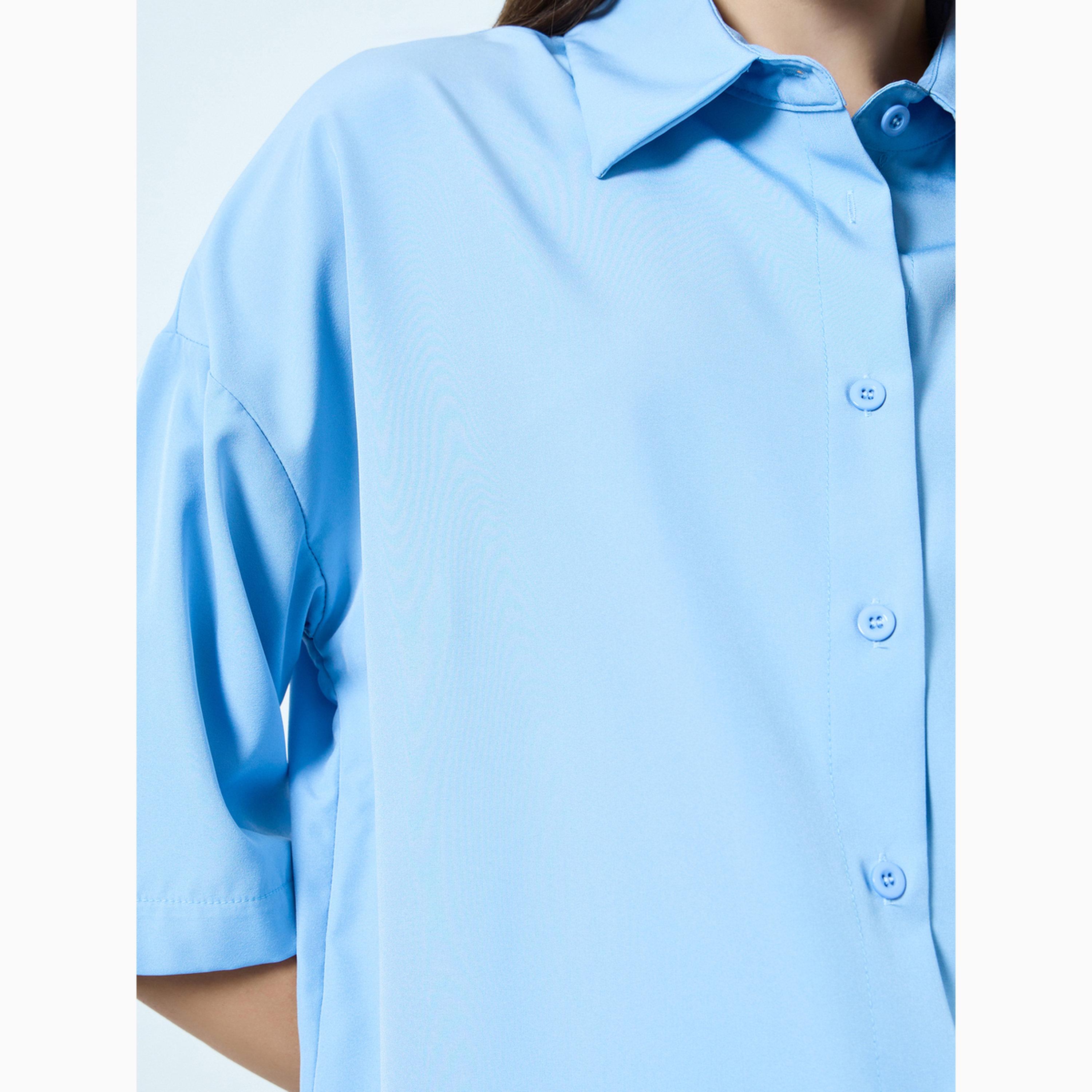 قميص أزرق سادة بأكمام 3/4 وقصة واسعة-women-clothing-shirtsandblouses-shirts-image-4