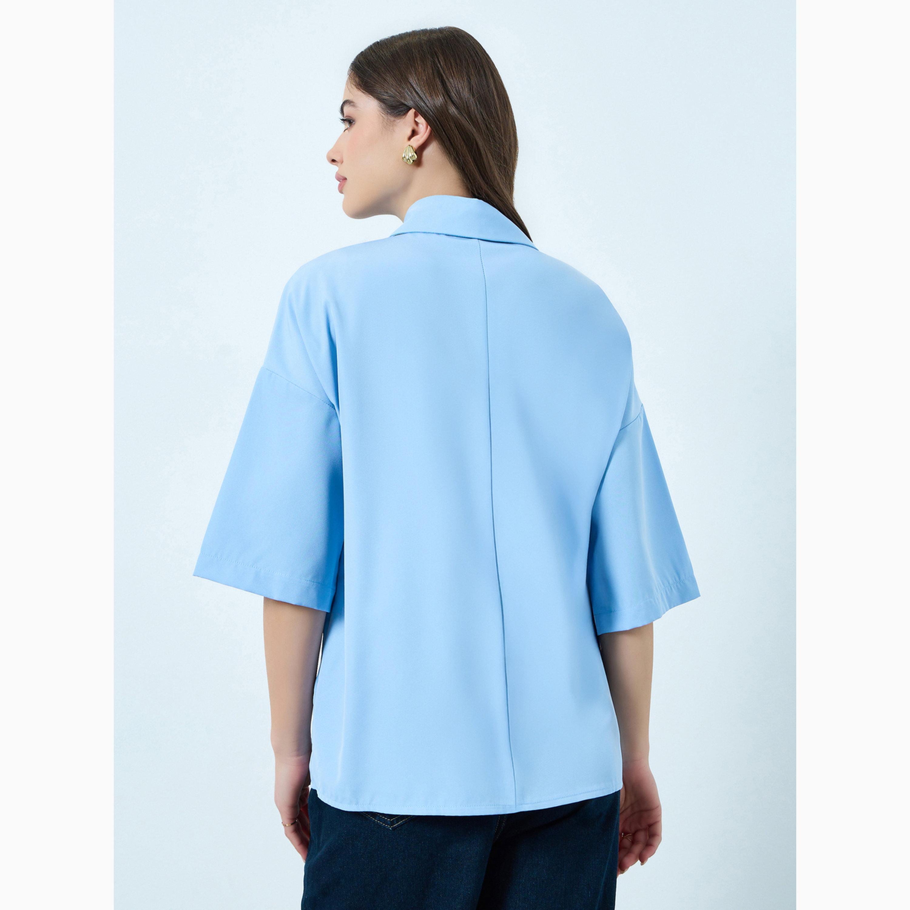 Styli Blue Solid 3/4 Sleeves Oversized Shirt-women-clothing-shirtsandblouses-shirts-image-5