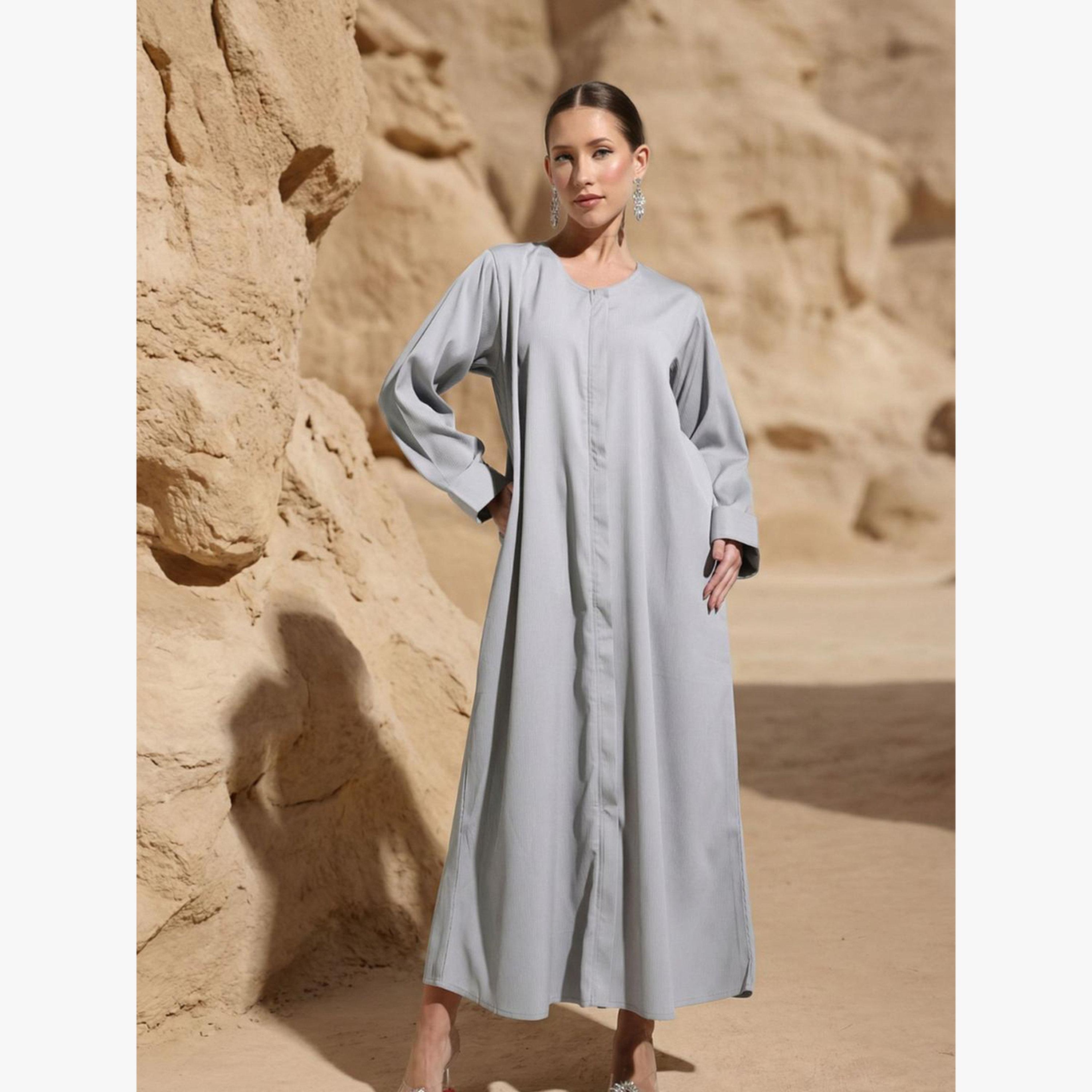 Ishin X Styli Grey Relaxed Abaya with Crinkled Hijab-women-arabicclothing-headscarf-hijab-image-1