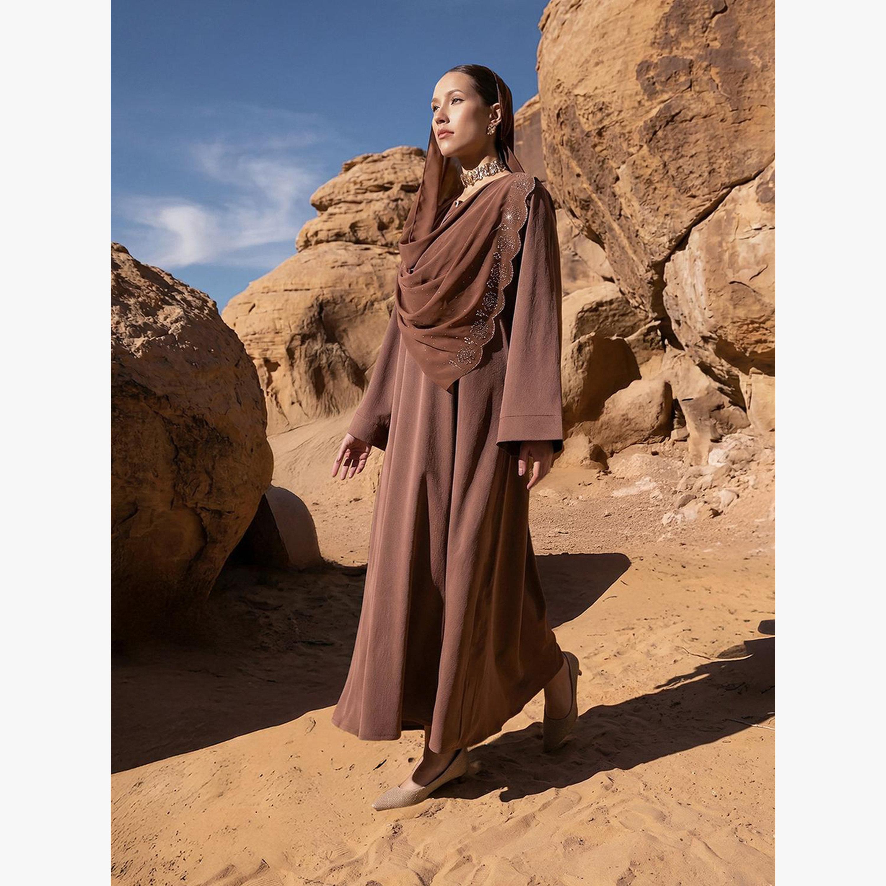 Ishin X Styli Brown Georgette Regular Abaya with Embellished Hijab-women-arabicclothing-headscarf-hijab-image-3