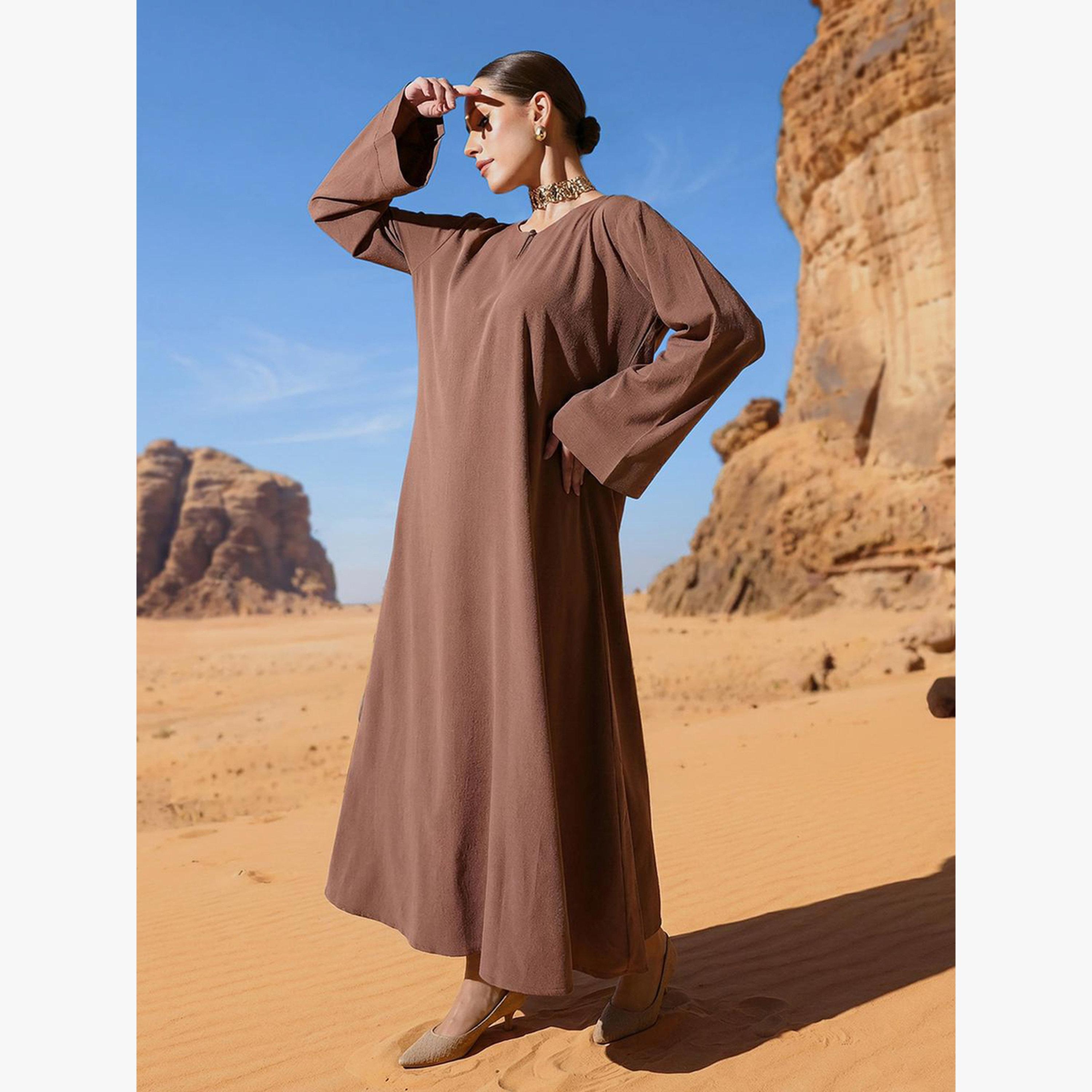 Ishin X Styli Brown Georgette Regular Abaya with Embellished Hijab-women-arabicclothing-headscarf-hijab-image-4