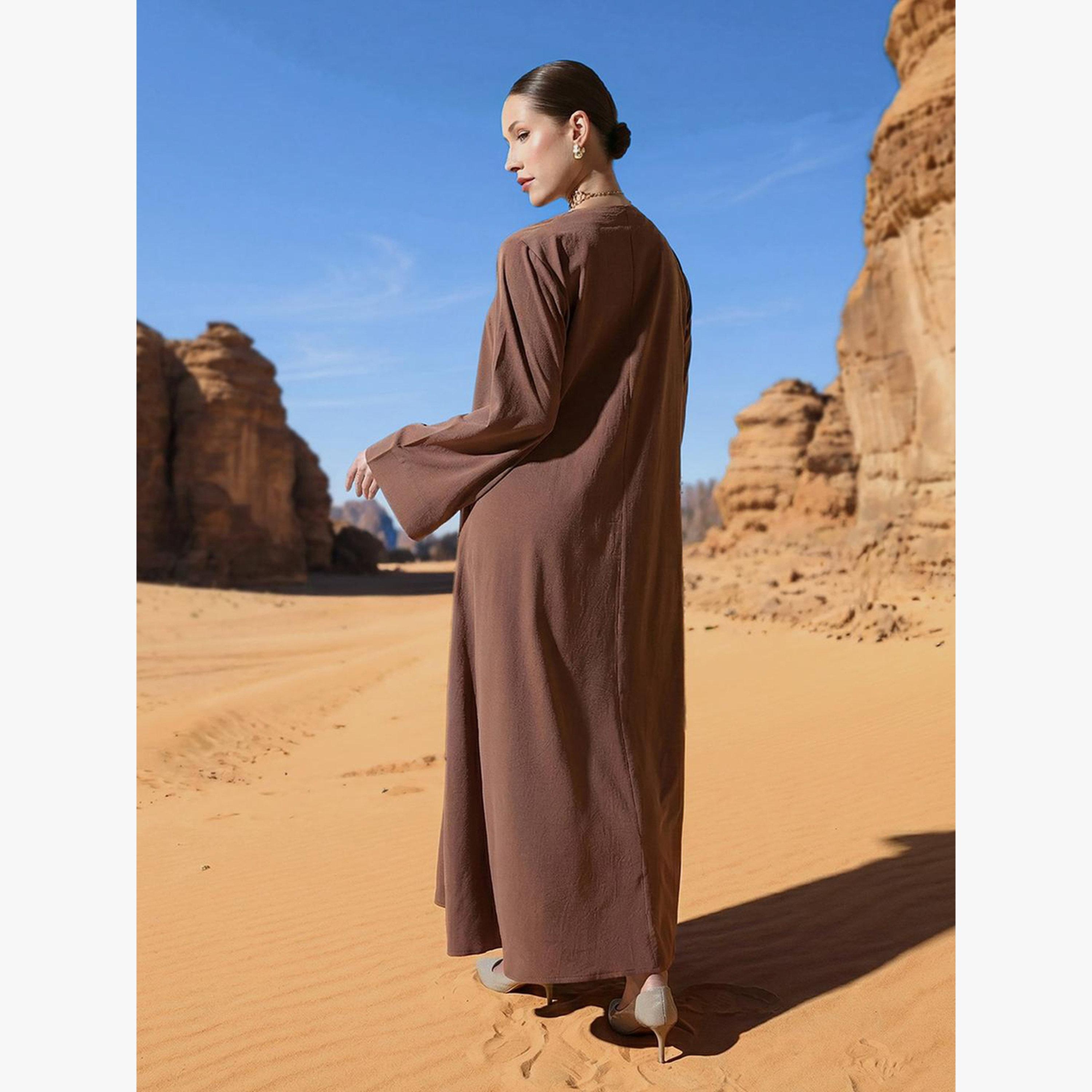 Ishin X Styli Brown Georgette Regular Abaya with Embellished Hijab-women-arabicclothing-headscarf-hijab-image-5