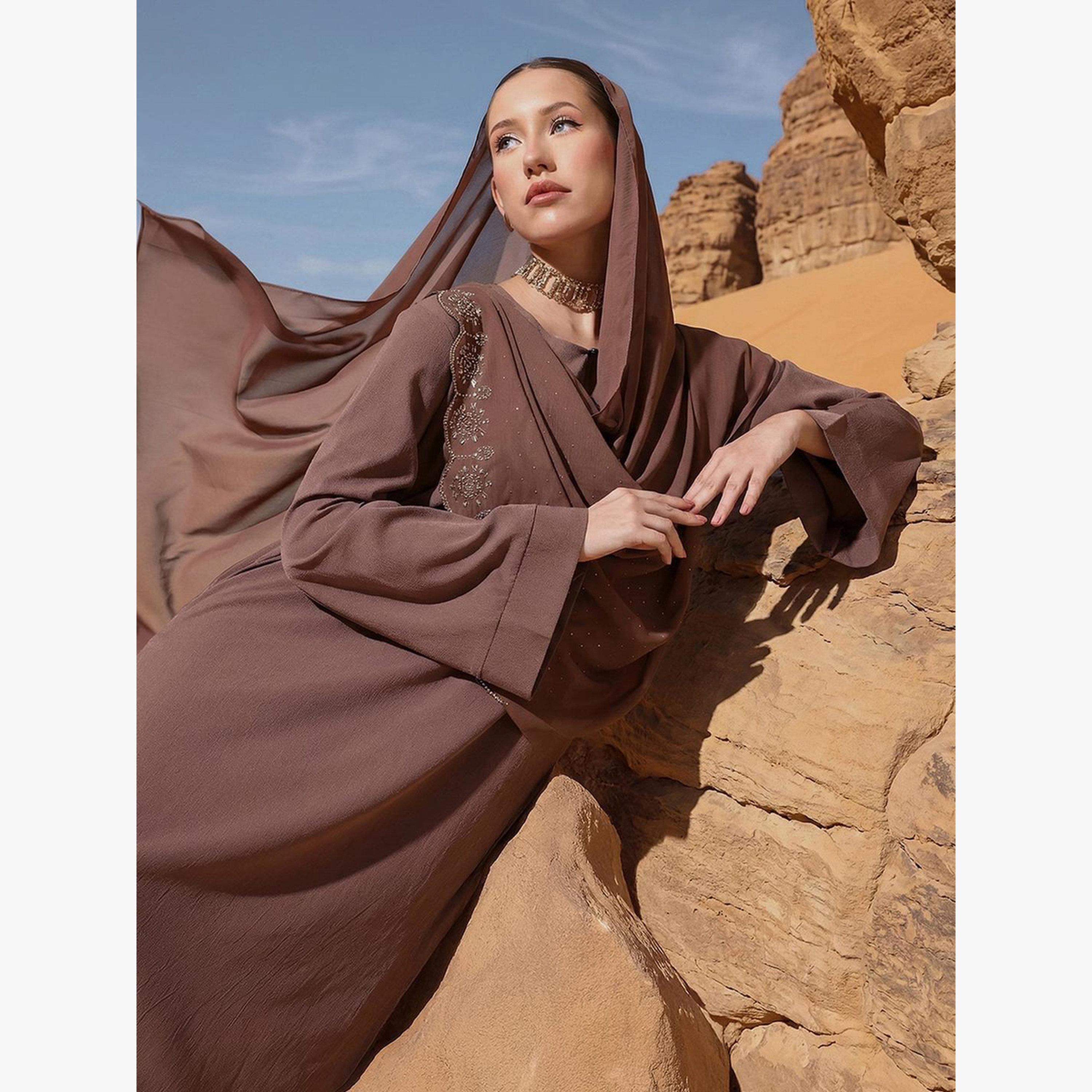 Ishin X Styli Brown Georgette Regular Abaya with Embellished Hijab-women-arabicclothing-headscarf-hijab-image-6