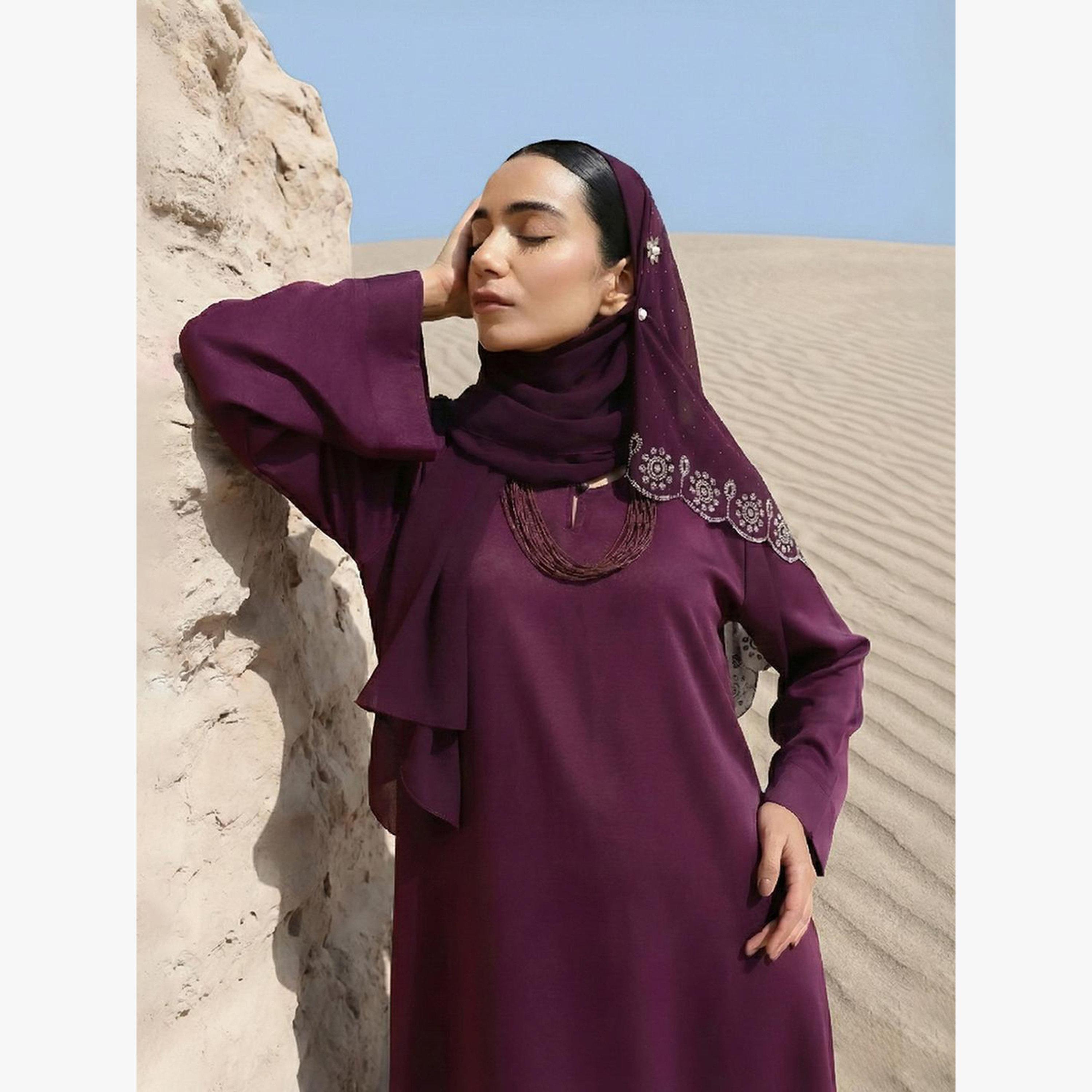 Ishin X Styli Purple Georgette Regular Abaya with Embellished Hijab-women-arabicclothing-headscarf-hijab-image-4