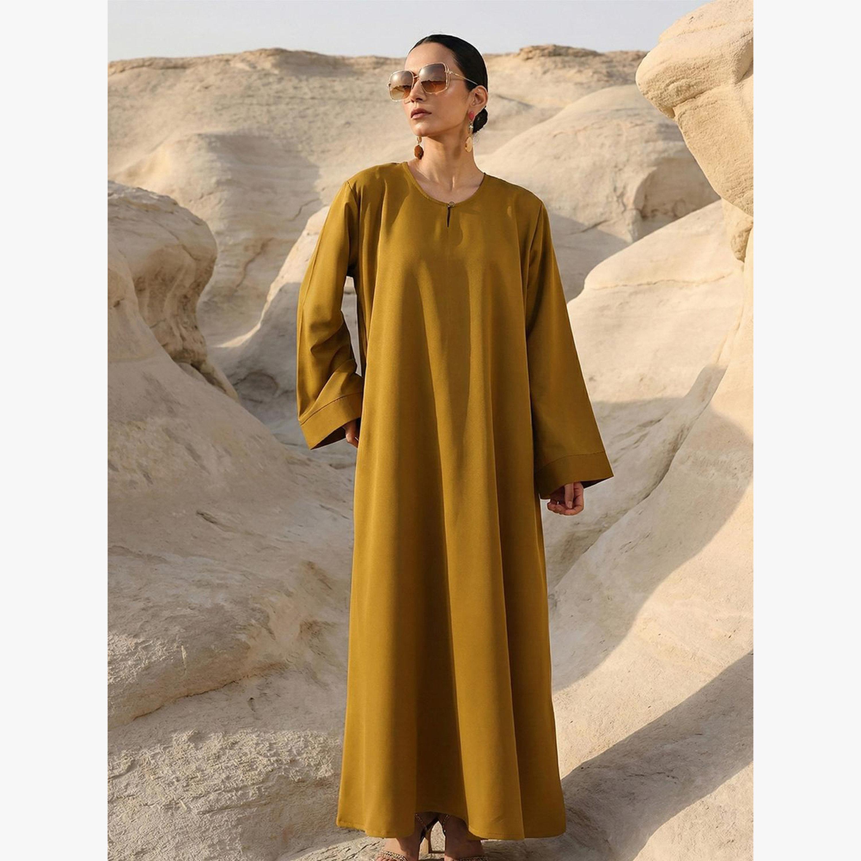 Ishin X Styli Olive Georgette Regular Abaya with Embellished Hijab-women-arabicclothing-headscarf-hijab-image-1