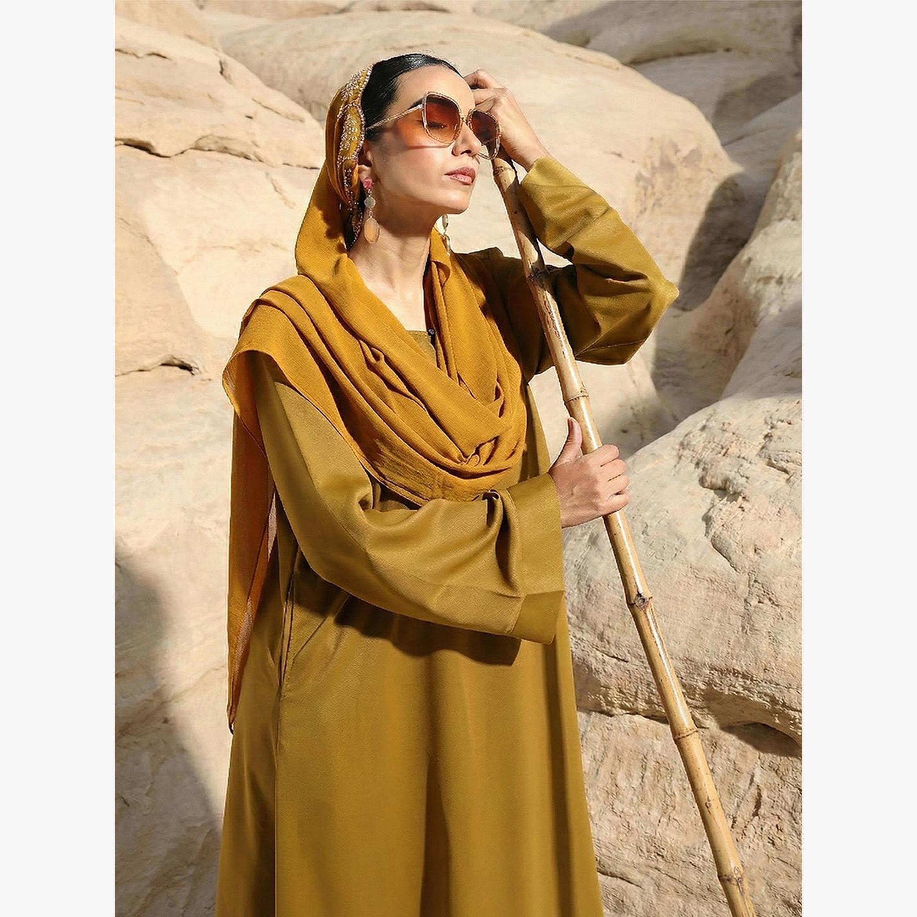 Ishin X Styli Olive Georgette Regular Abaya with Embellished Hijab-women-arabicclothing-headscarf-hijab-image-2