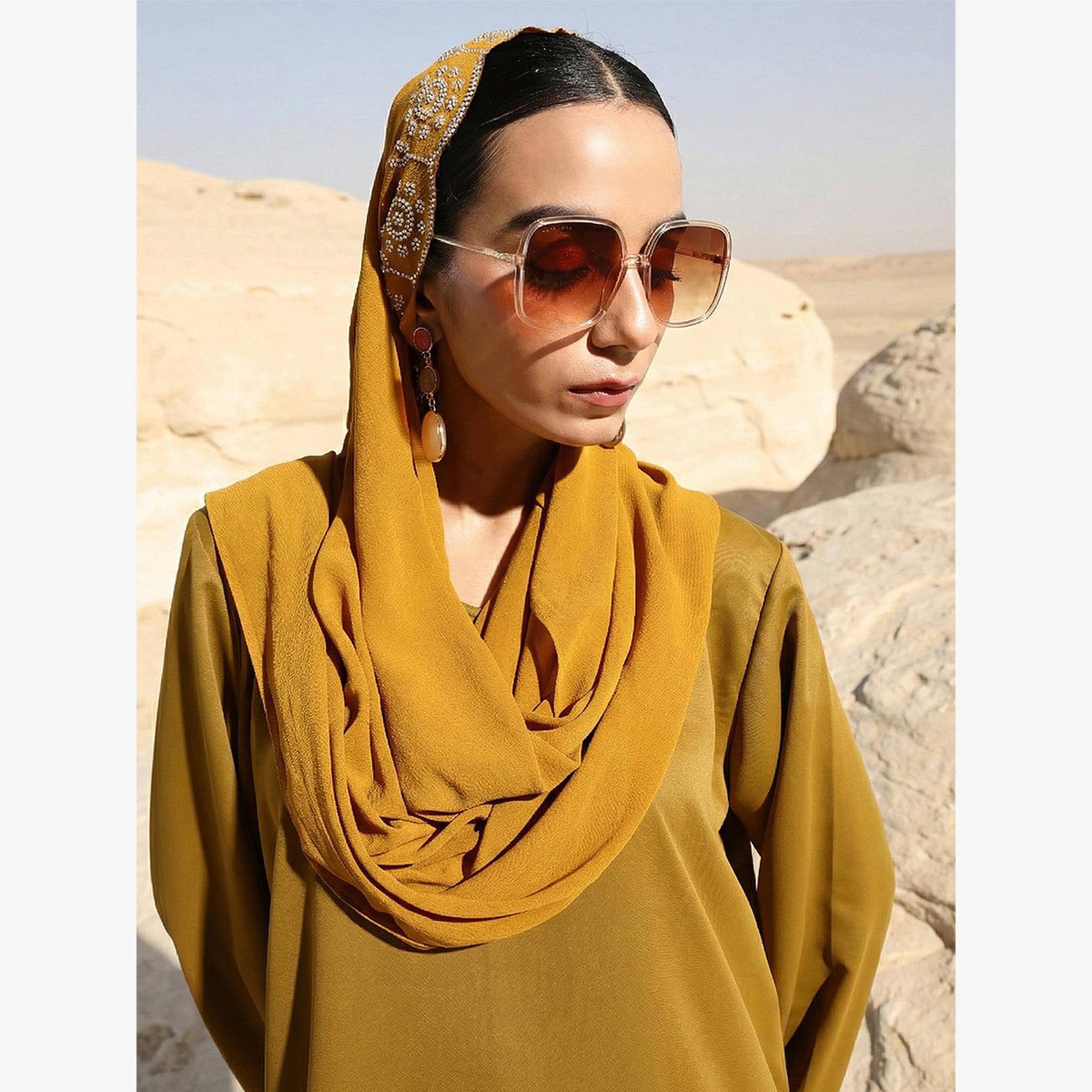 Ishin X Styli Olive Georgette Regular Abaya with Embellished Hijab-women-arabicclothing-headscarf-hijab-image-3