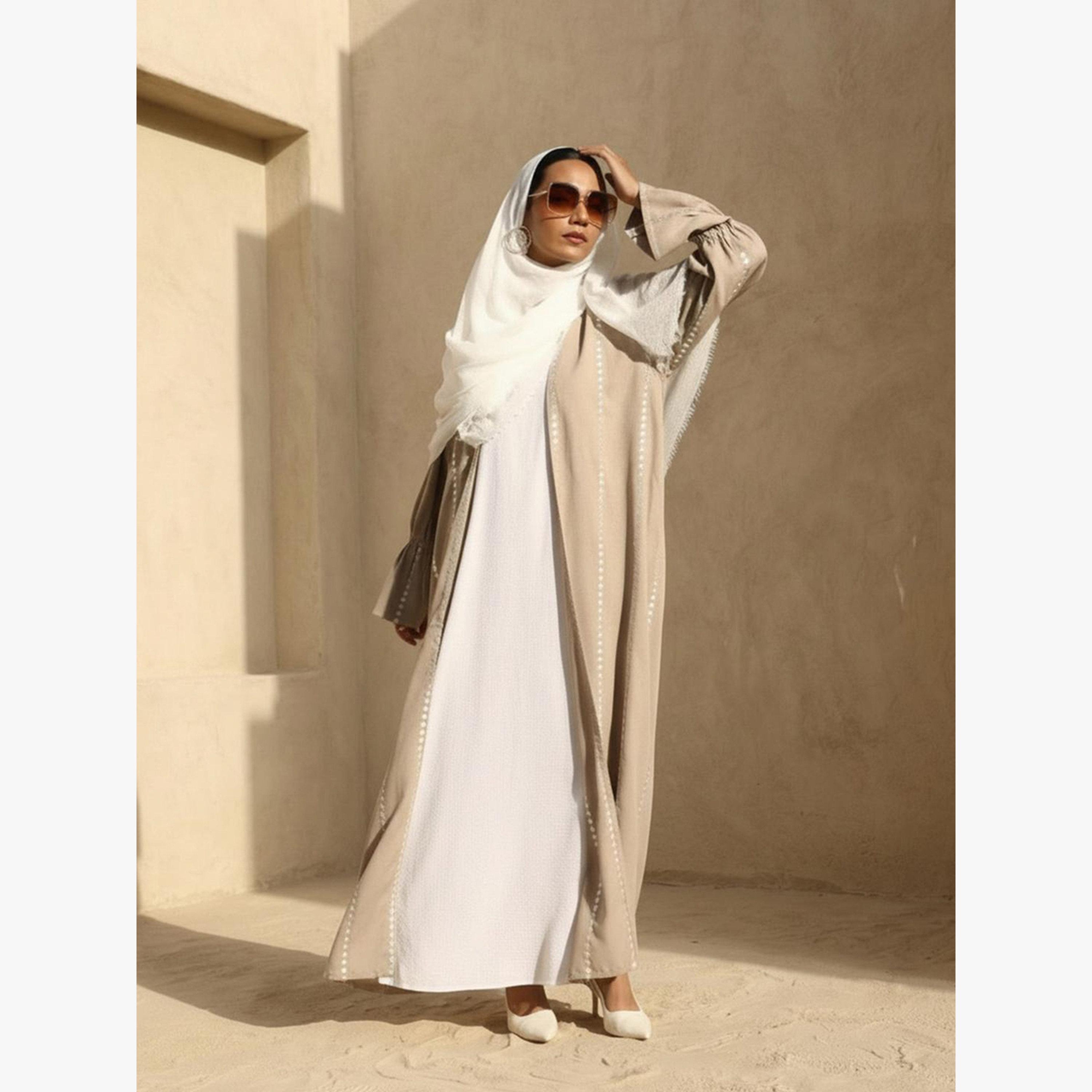 Ishin X Styli Beige Crinkled Cotton Relaxed Abaya with Hijab-women-arabicclothing-headscarf-hijab-image-6
