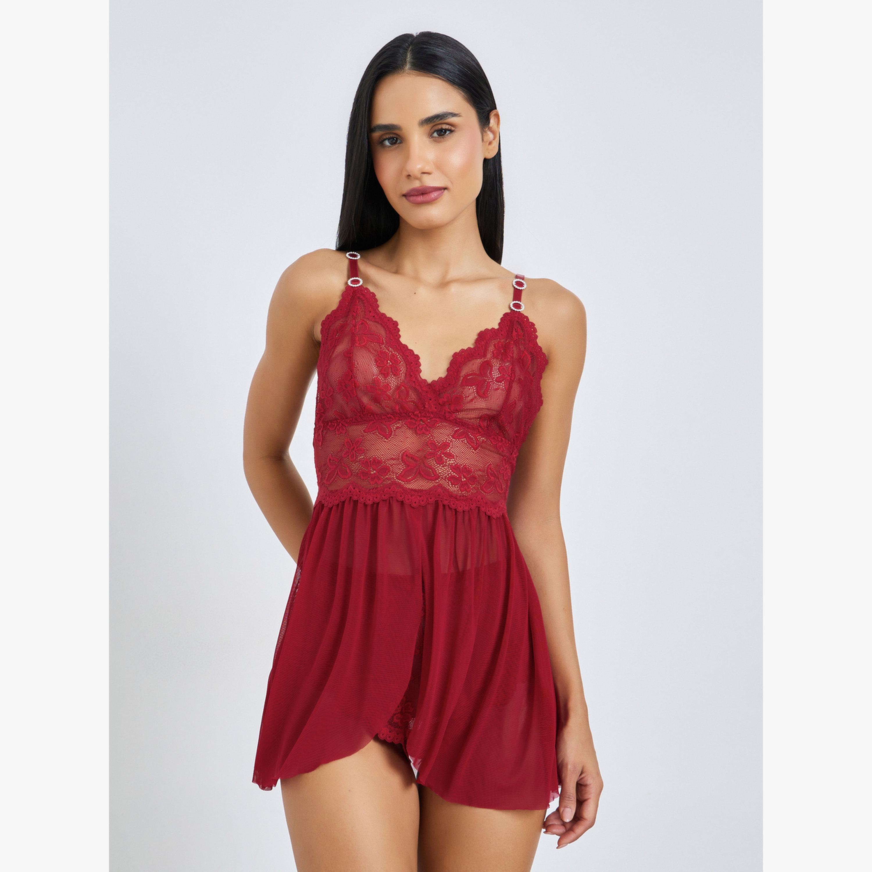 Styli Red Floral Mesh Babydoll with Metal Trim and Full Brief-women-clothing-lingerie-babydollsandbodysuits-image-1