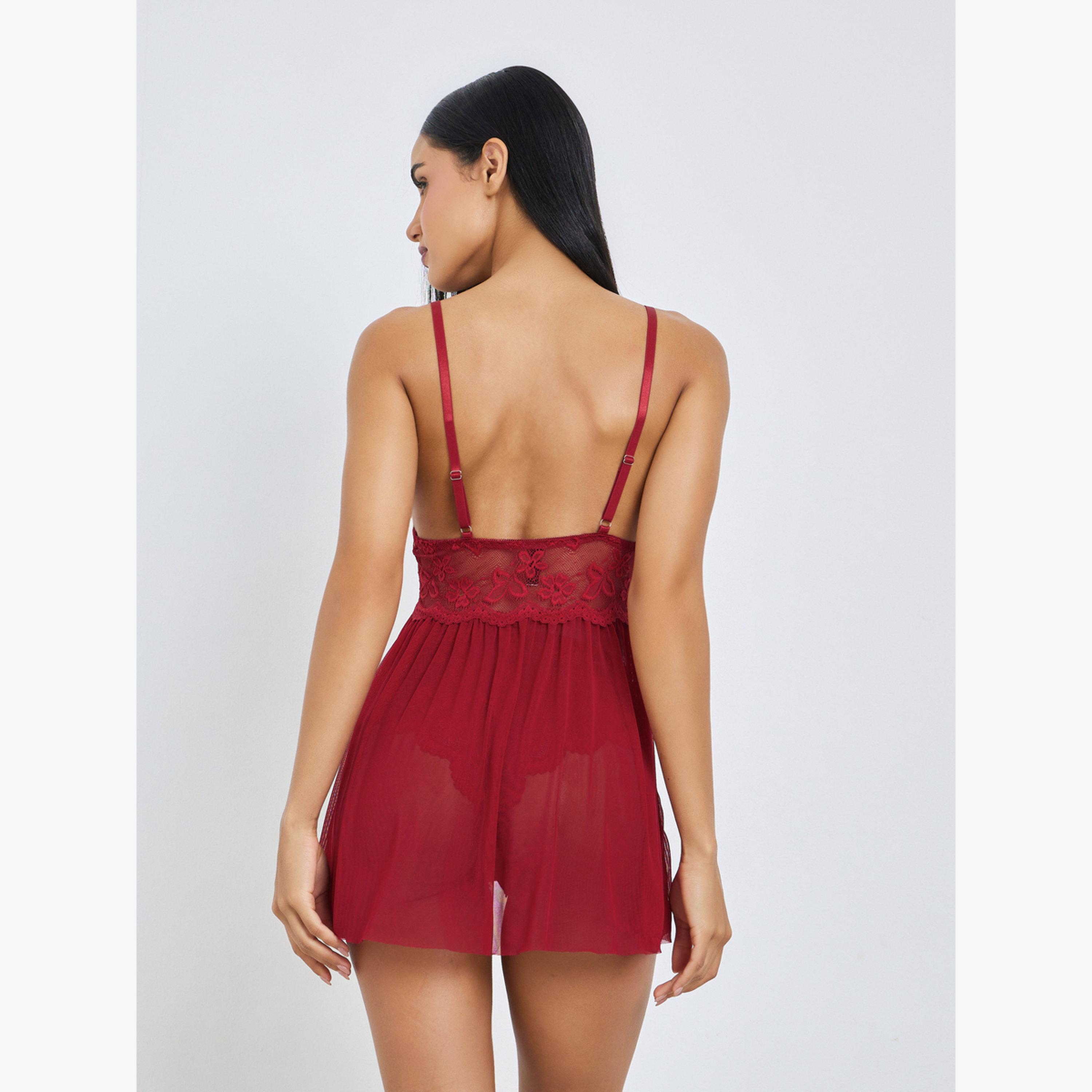 Styli Red Floral Mesh Babydoll with Metal Trim and Full Brief-women-clothing-lingerie-babydollsandbodysuits-image-2
