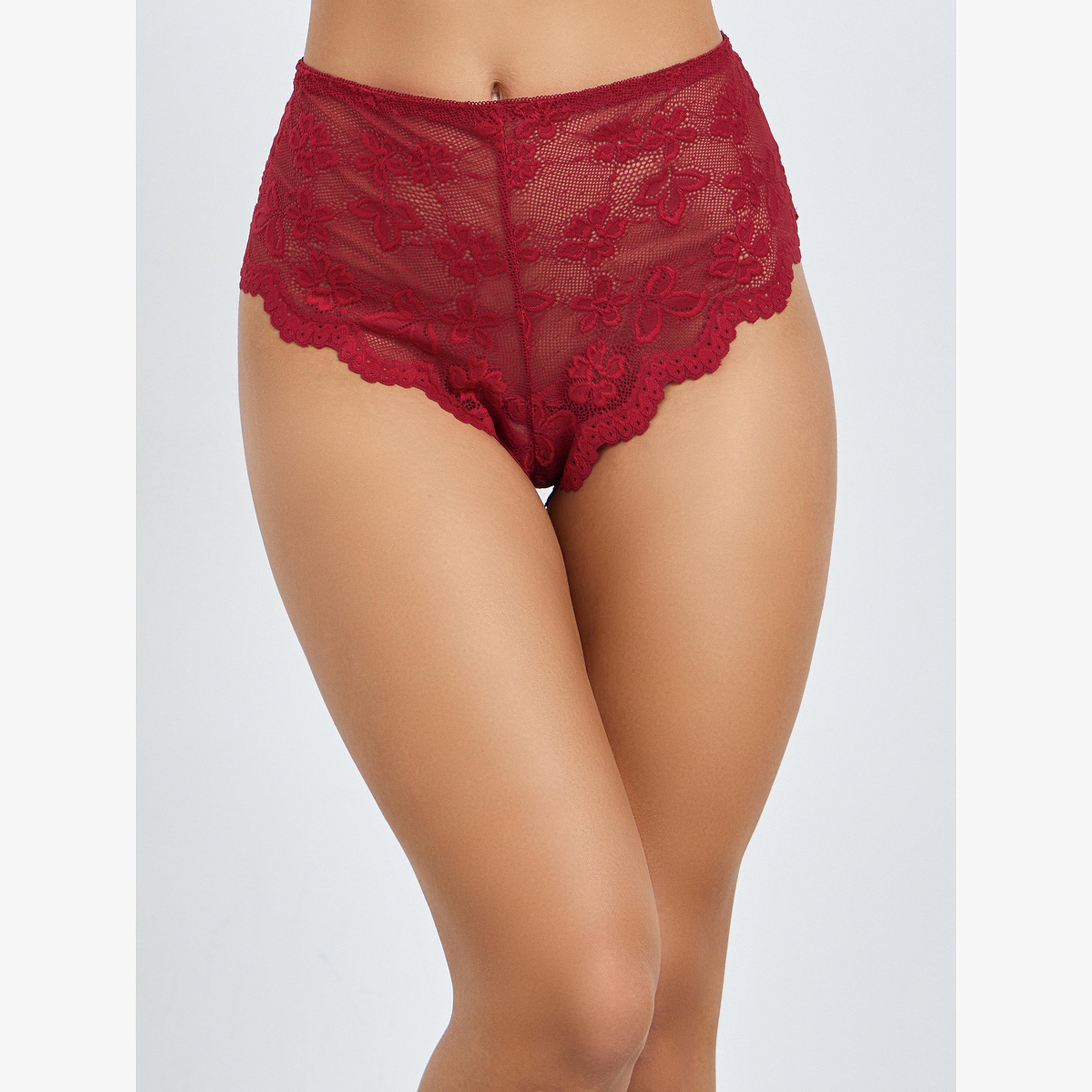 Styli Red Floral Mesh Babydoll with Metal Trim and Full Brief-women-clothing-lingerie-babydollsandbodysuits-image-3