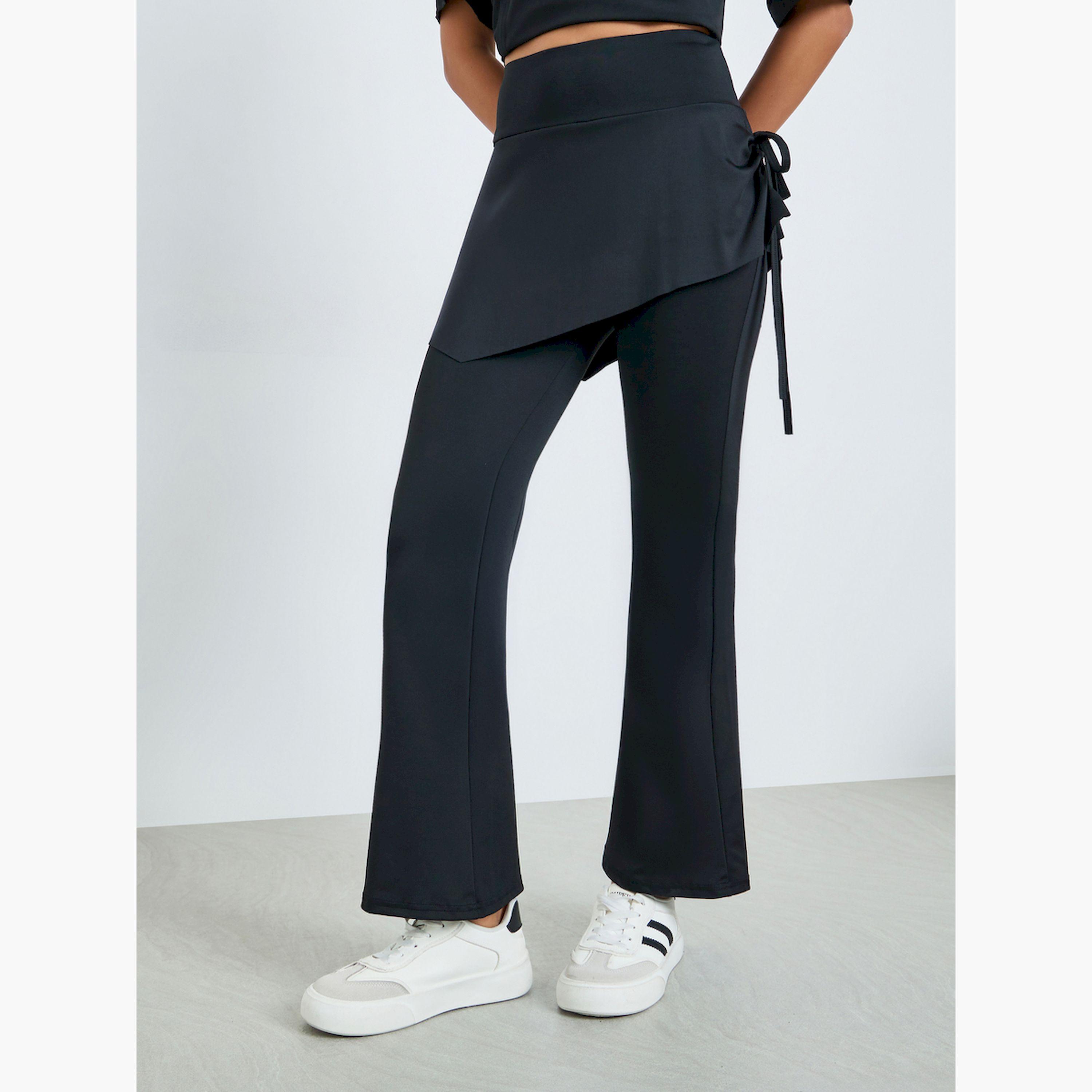 Styli Black Flare Leggings with Layered Detail-women-clothing-bottoms-leggings-image-1