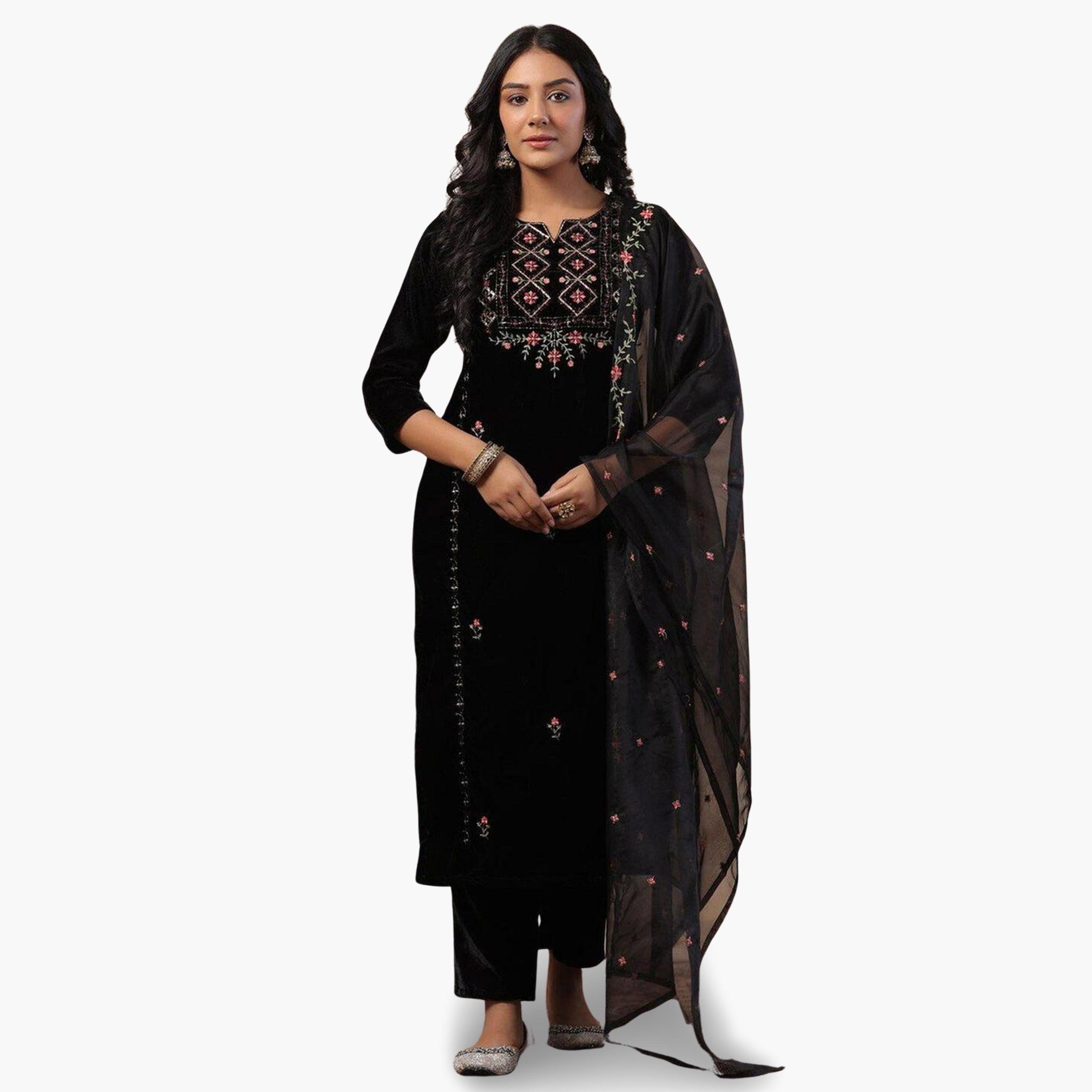 مجموعة من 3 كورتا بتفاصيل زاري مع بنطال ودوباتا-women-clothing-ethnicwear-kurtasets-image-1