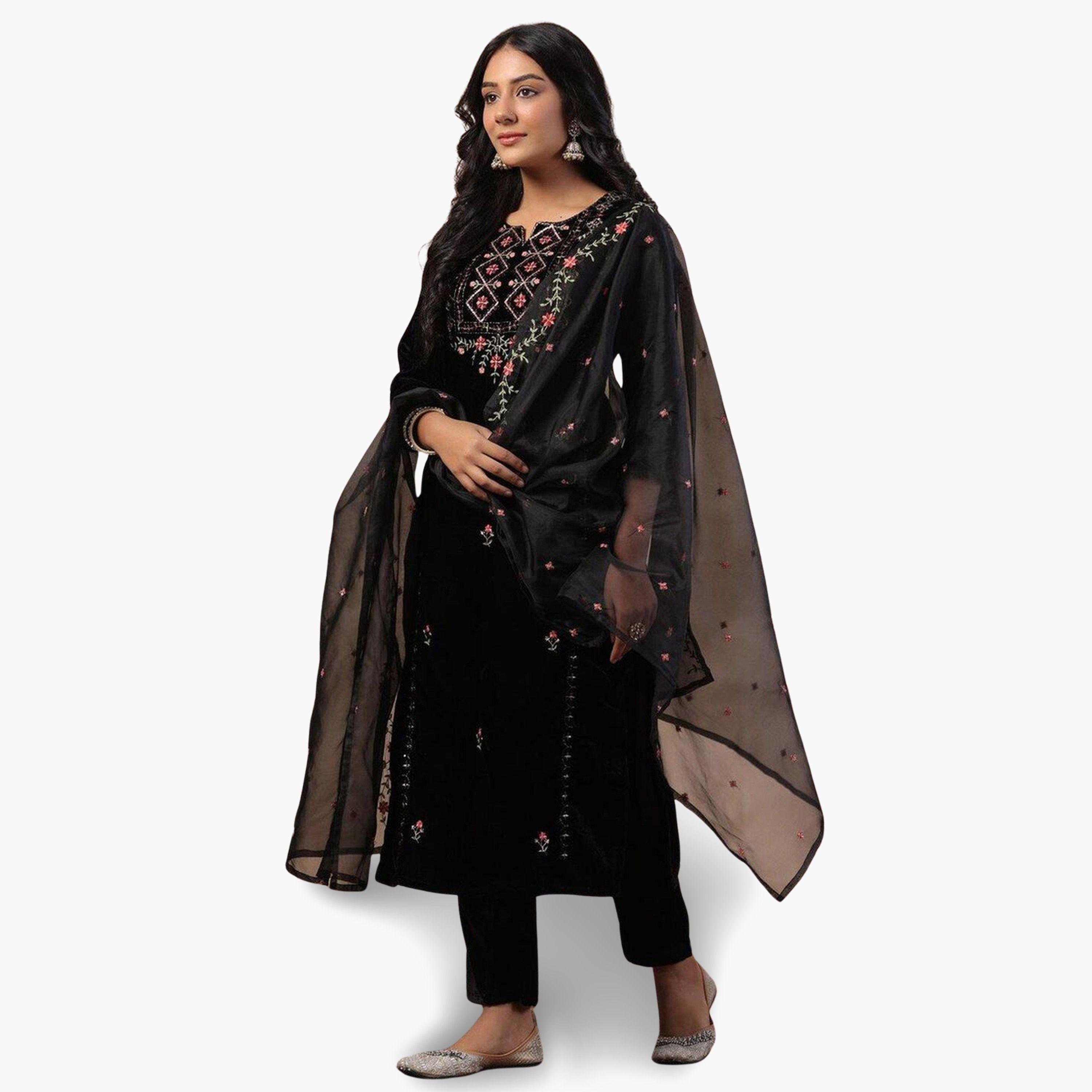 مجموعة من 3 كورتا بتفاصيل زاري مع بنطال ودوباتا-women-clothing-ethnicwear-kurtasets-image-3