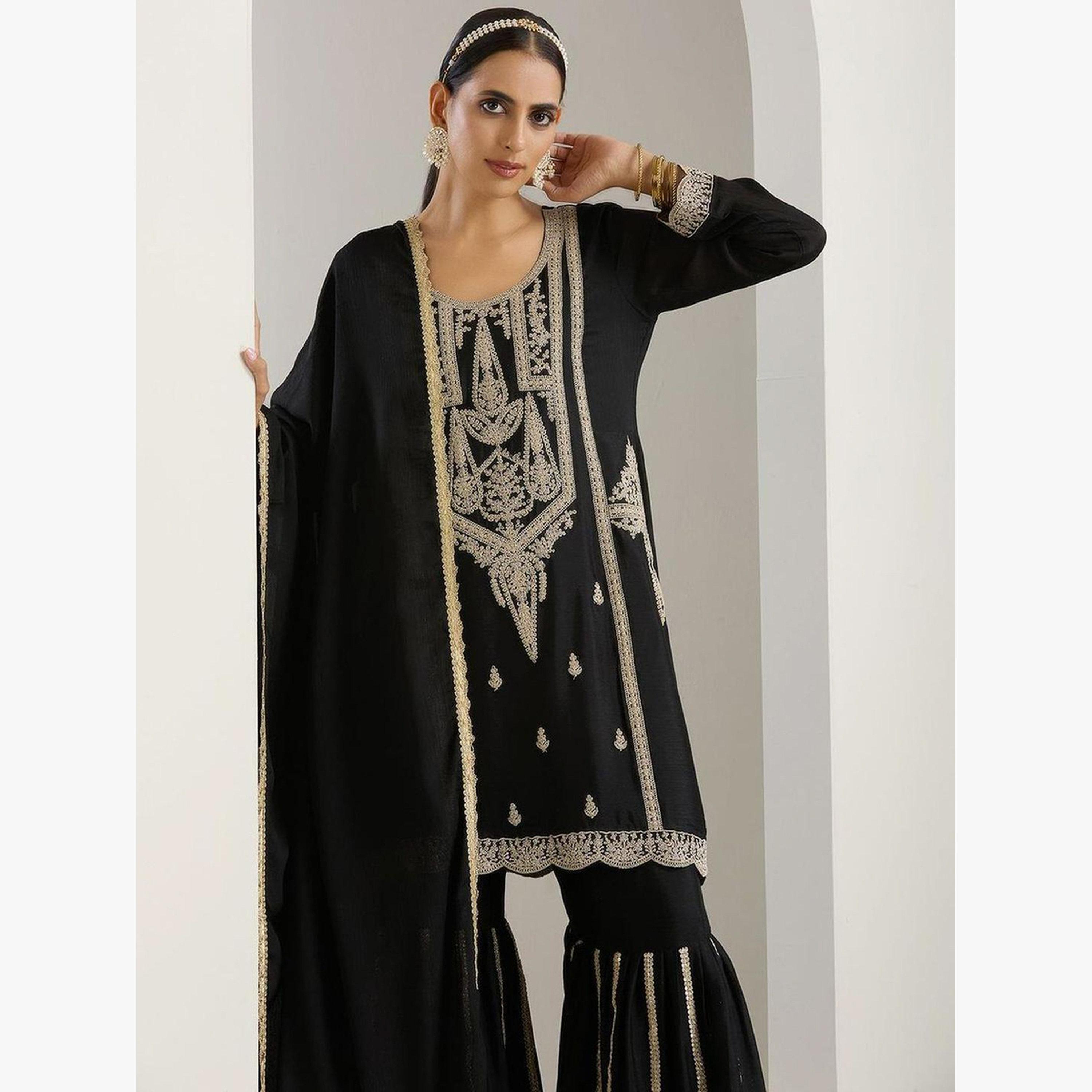 مجموعة من 3 - دوباتا وبنطال شرارة مع كورتا مطُرّزة بتفاصيل زاري-women-clothing-ethnicwear-kurtasets-image-2