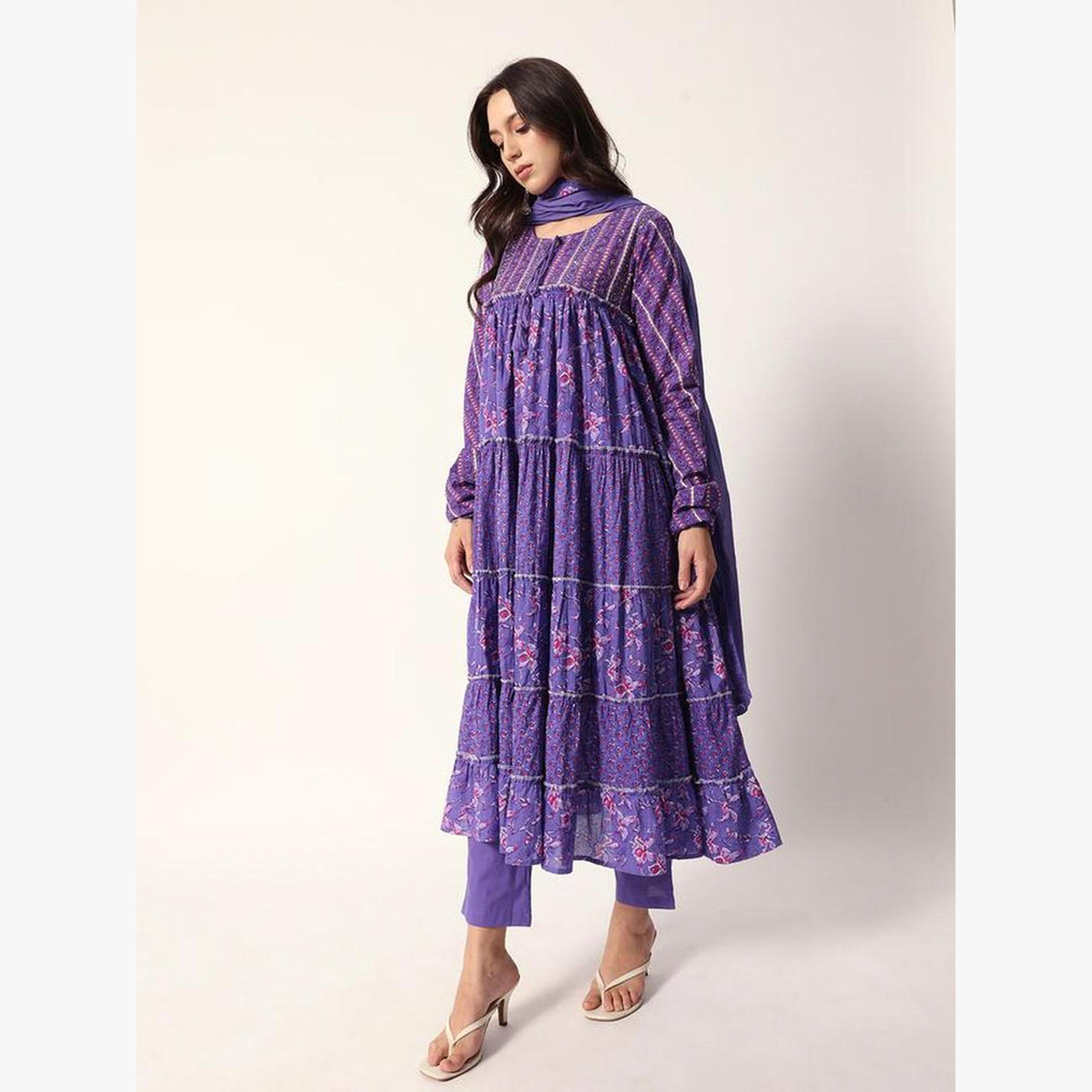 مجموعة من 3 كورتا بطبعة زهور وبنطال مع دوباتا-women-clothing-ethnicwear-kurtasets-image-4