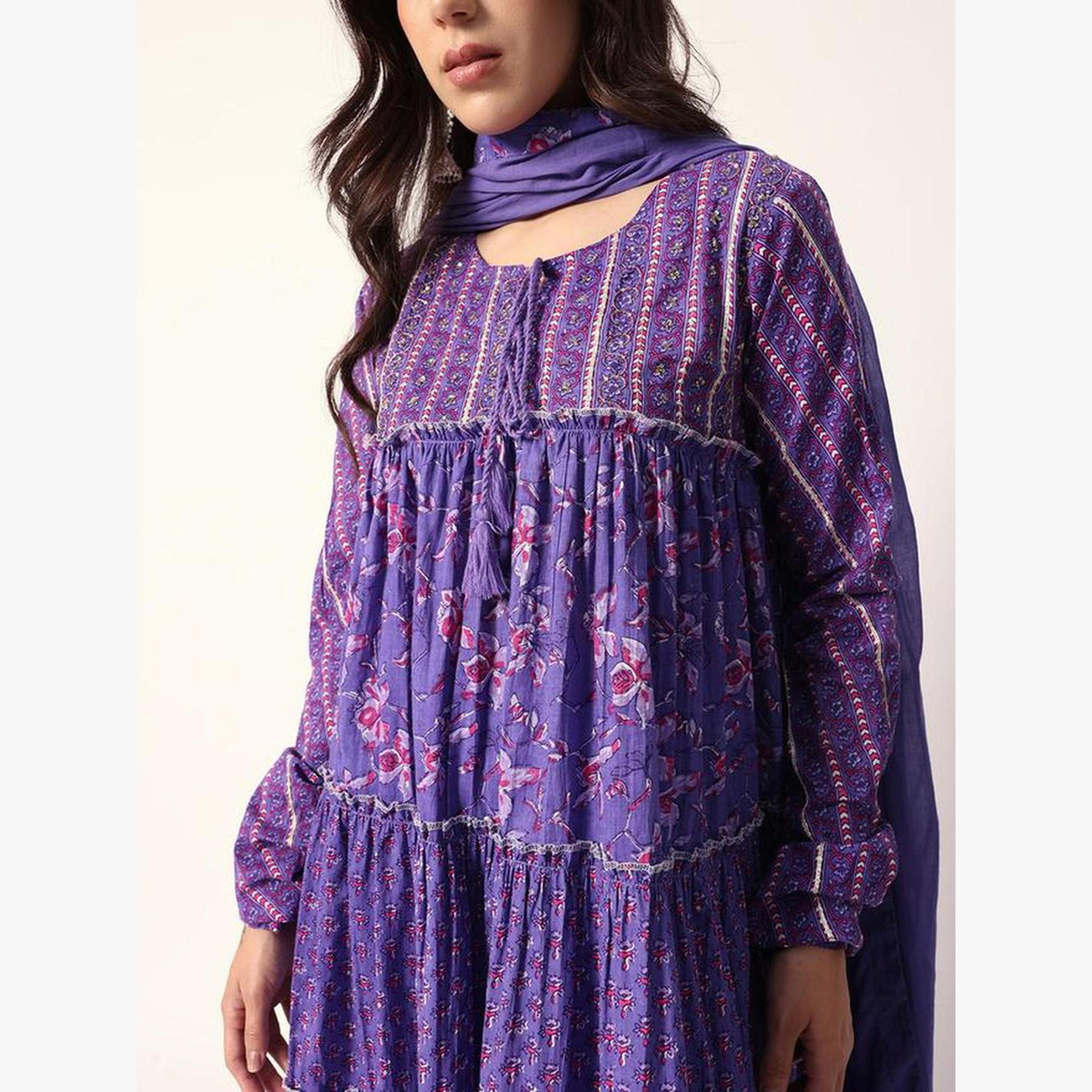 مجموعة من 3 كورتا بطبعة زهور وبنطال مع دوباتا-women-clothing-ethnicwear-kurtasets-image-6