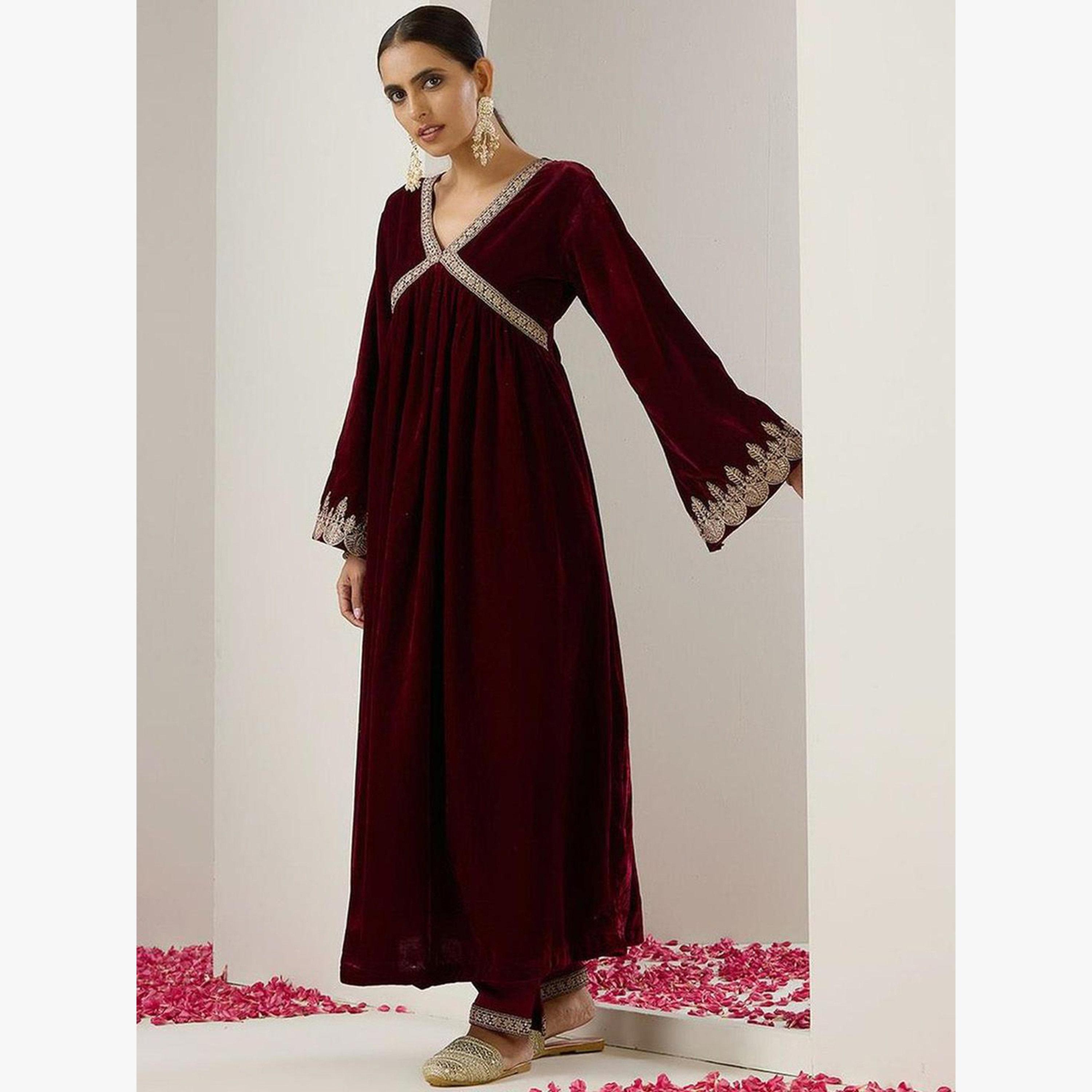 Ishin X Styli Burgundy Velvet Zari Embroidered A-Line Kurta and Pants Set-women-clothing-ethnicwear-kurtasets-image-3