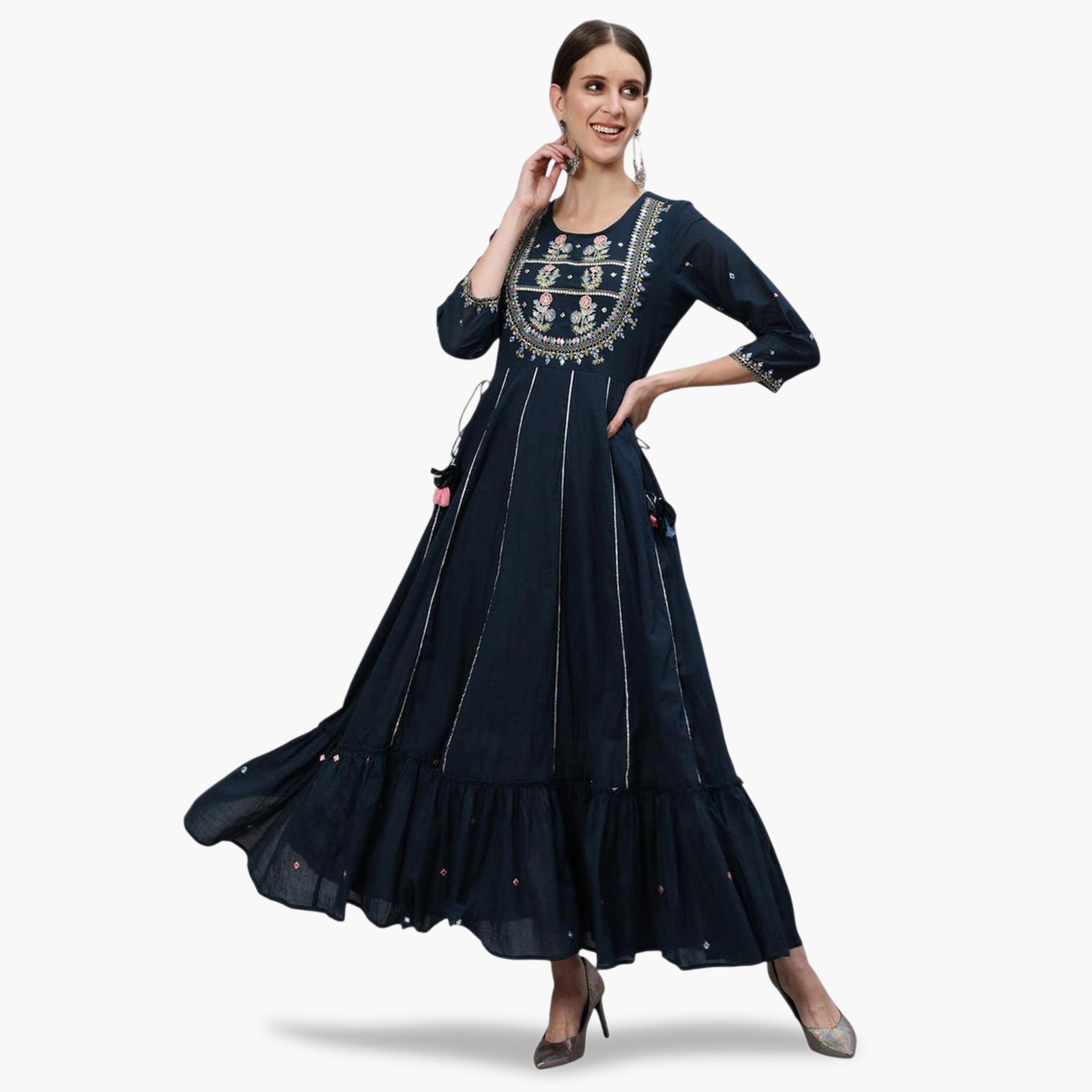Ishin X Styli Navy Blue Cotton Embroidered Anarkali Kurta-women-clothing-ethnicwear-kurtas-image-1