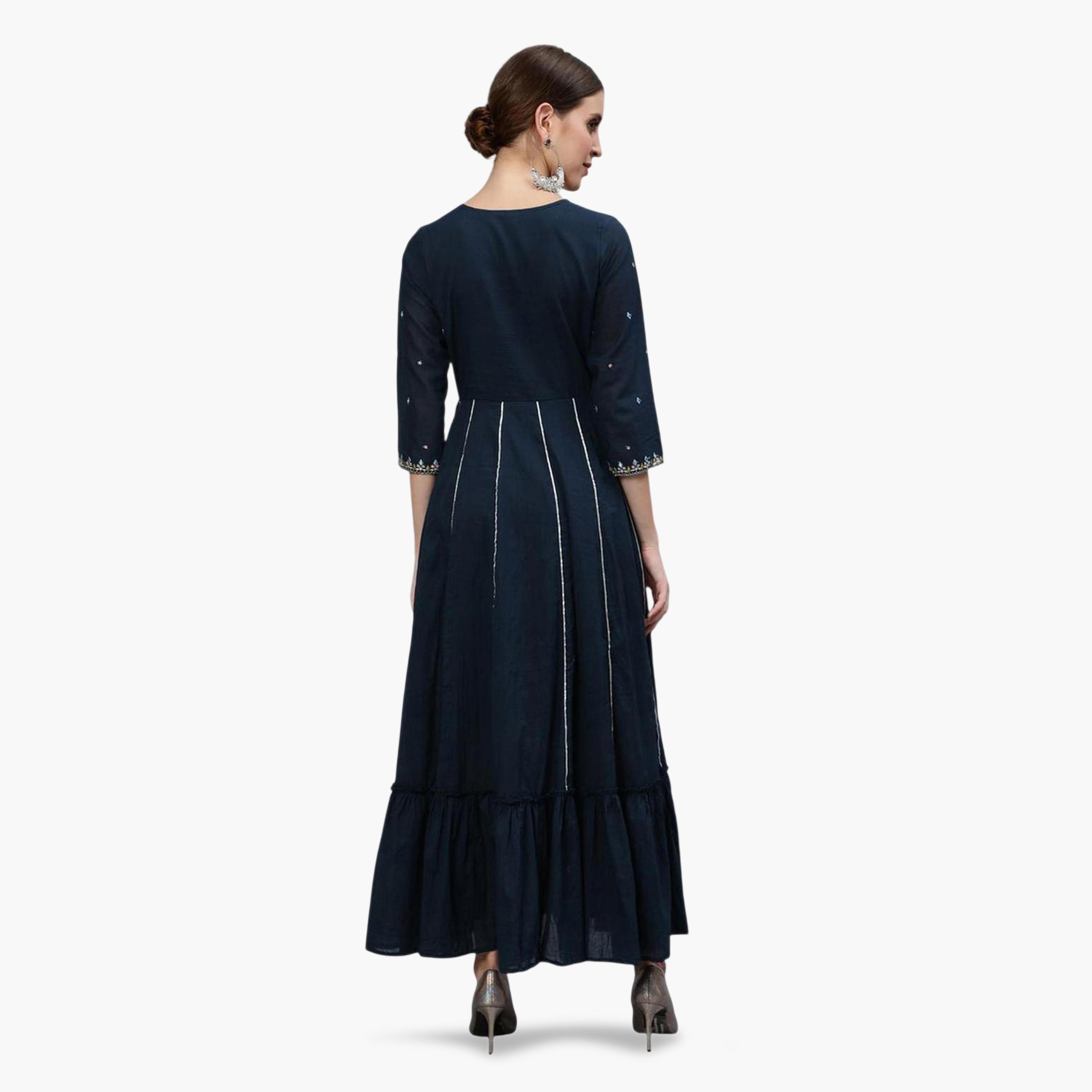 Ishin X Styli Navy Blue Cotton Embroidered Anarkali Kurta-women-clothing-ethnicwear-kurtas-image-2
