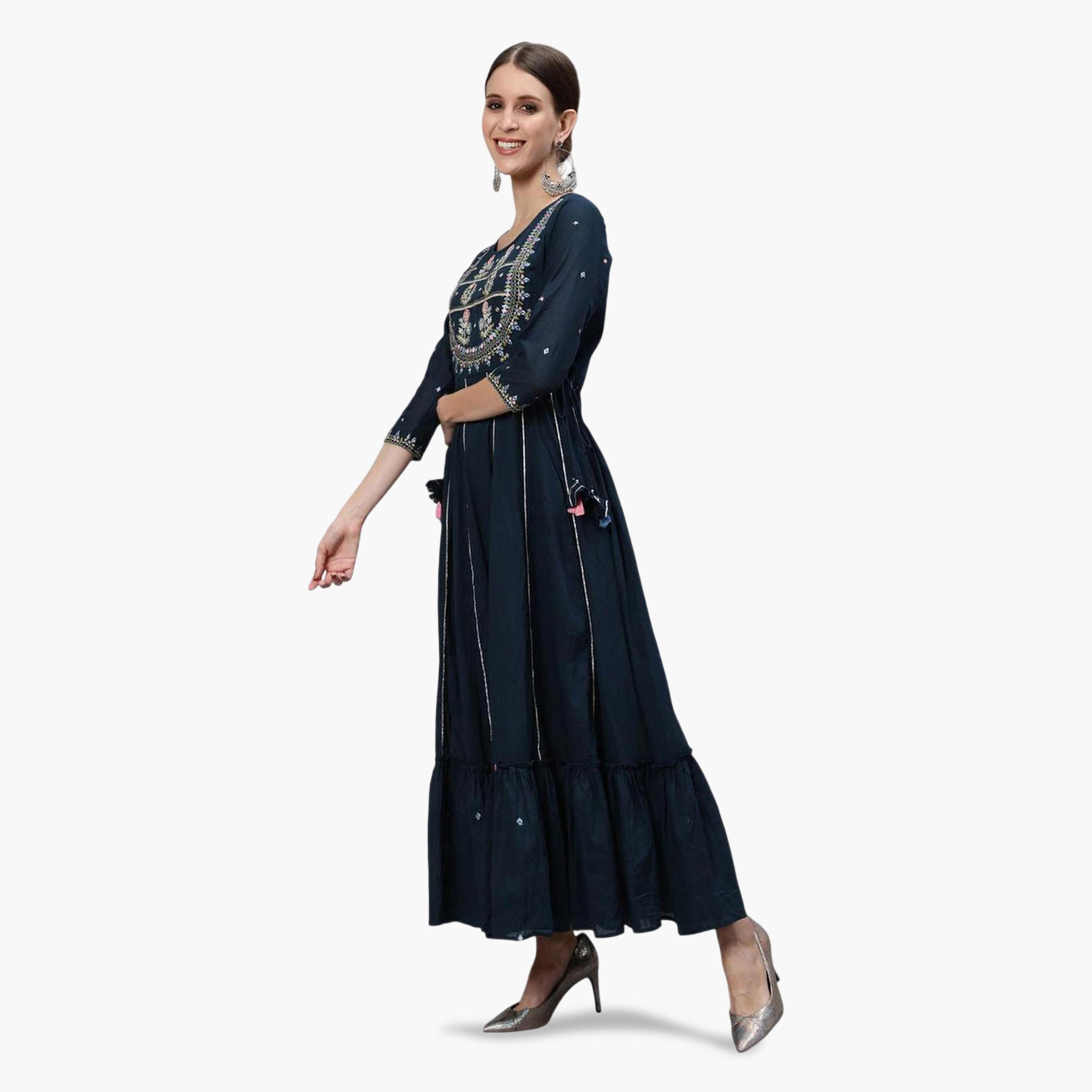 Ishin X Styli Navy Blue Cotton Embroidered Anarkali Kurta-women-clothing-ethnicwear-kurtas-image-3