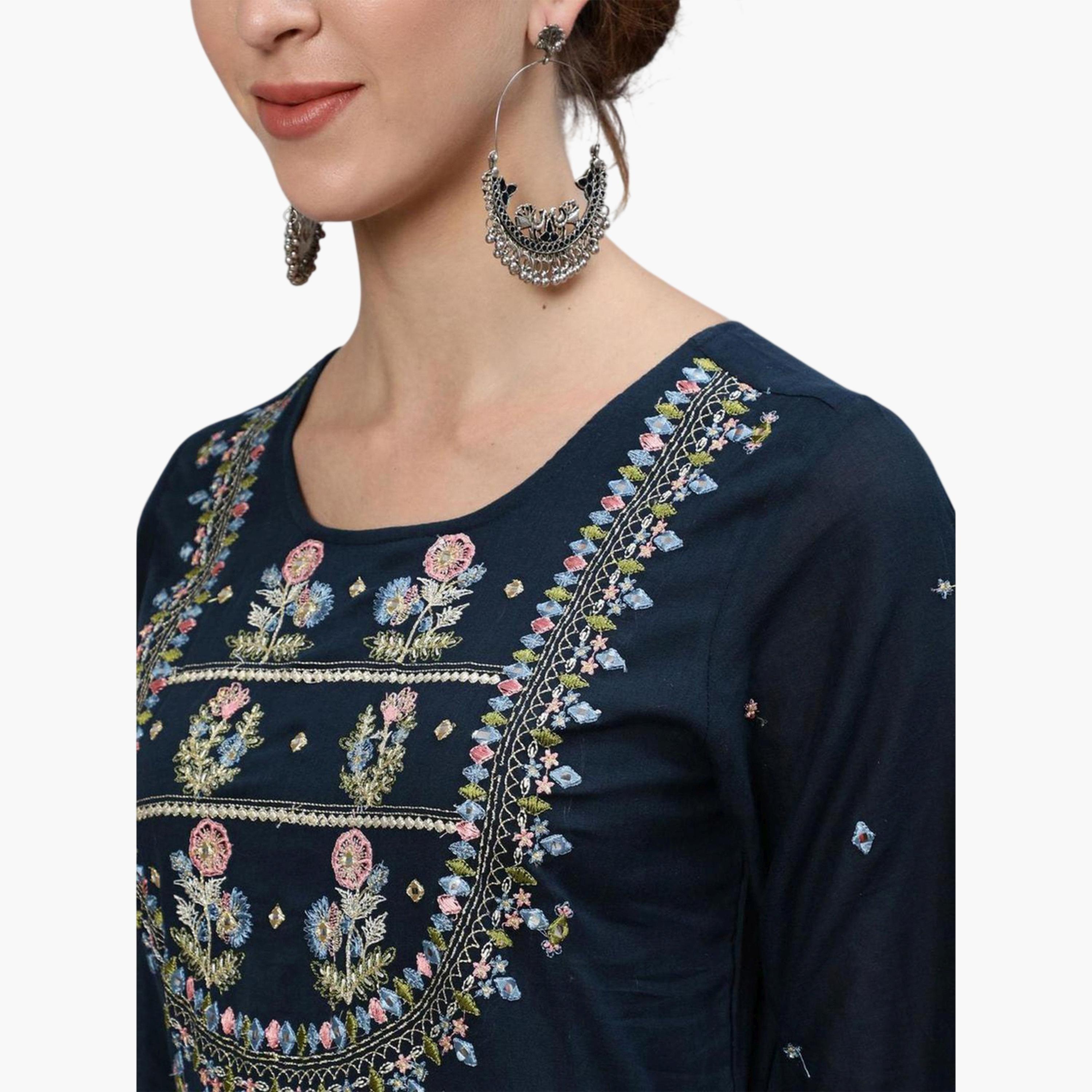 Ishin X Styli Navy Blue Cotton Embroidered Anarkali Kurta-women-clothing-ethnicwear-kurtas-image-4