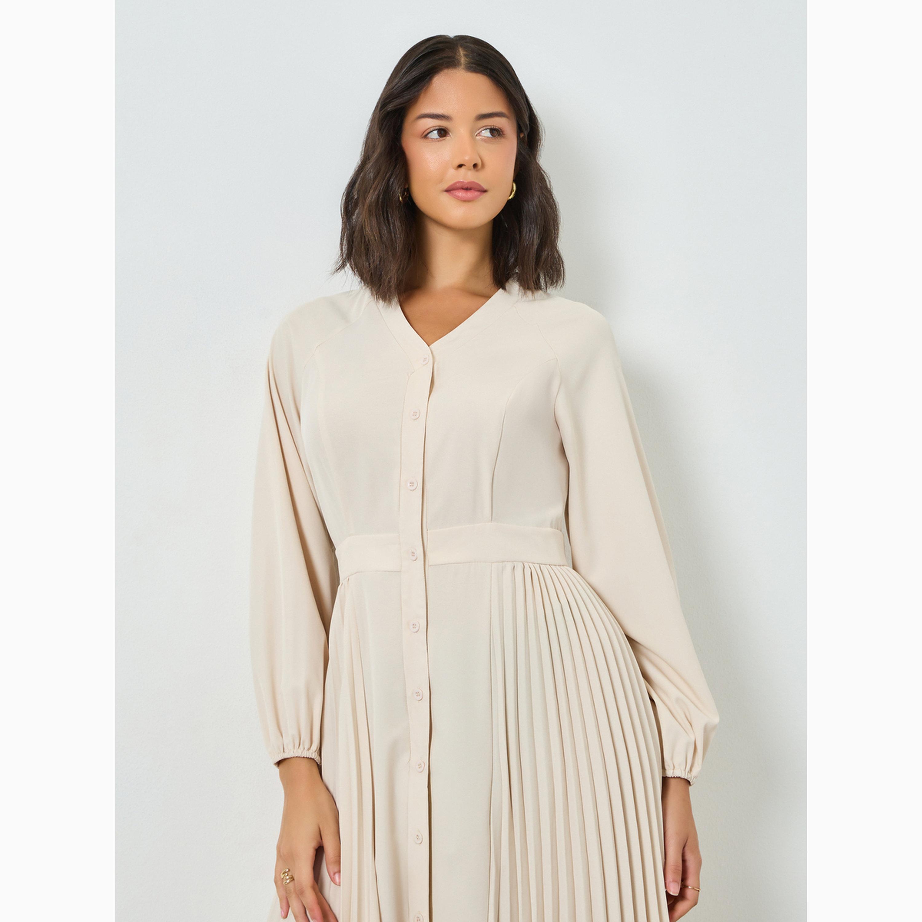 Styli Beige Pleated V Neck Midi Dress-women-clothing-dresses-image-3