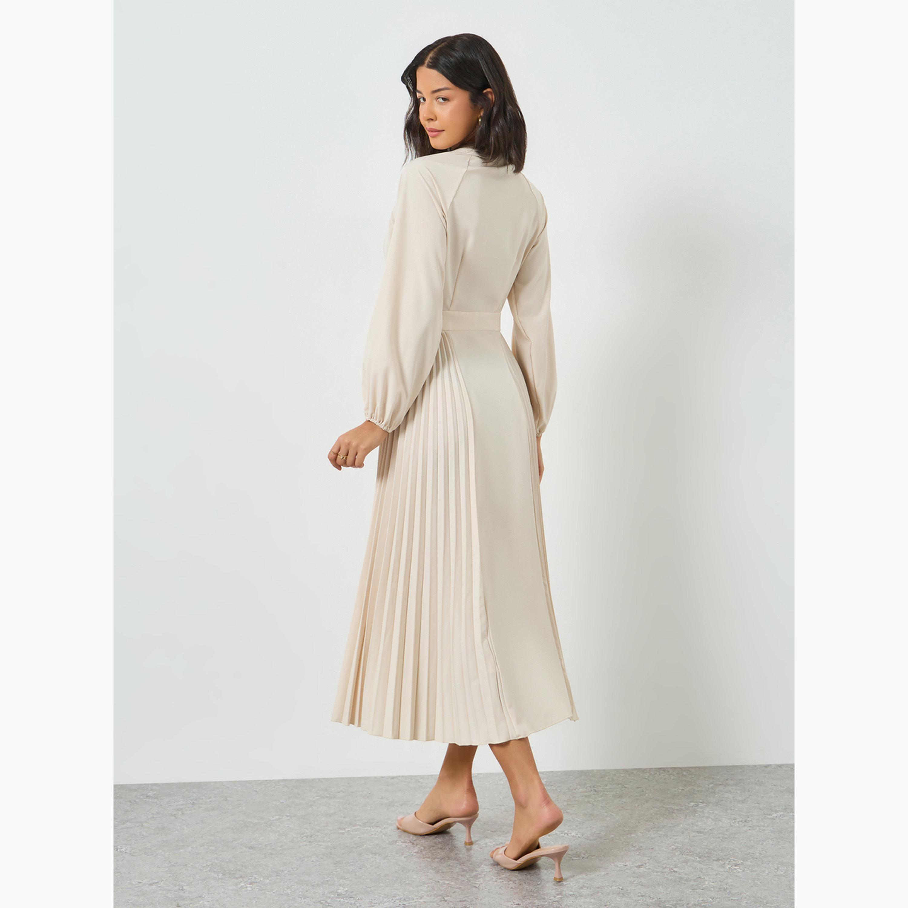 Styli Beige Pleated V Neck Midi Dress-women-clothing-dresses-image-5