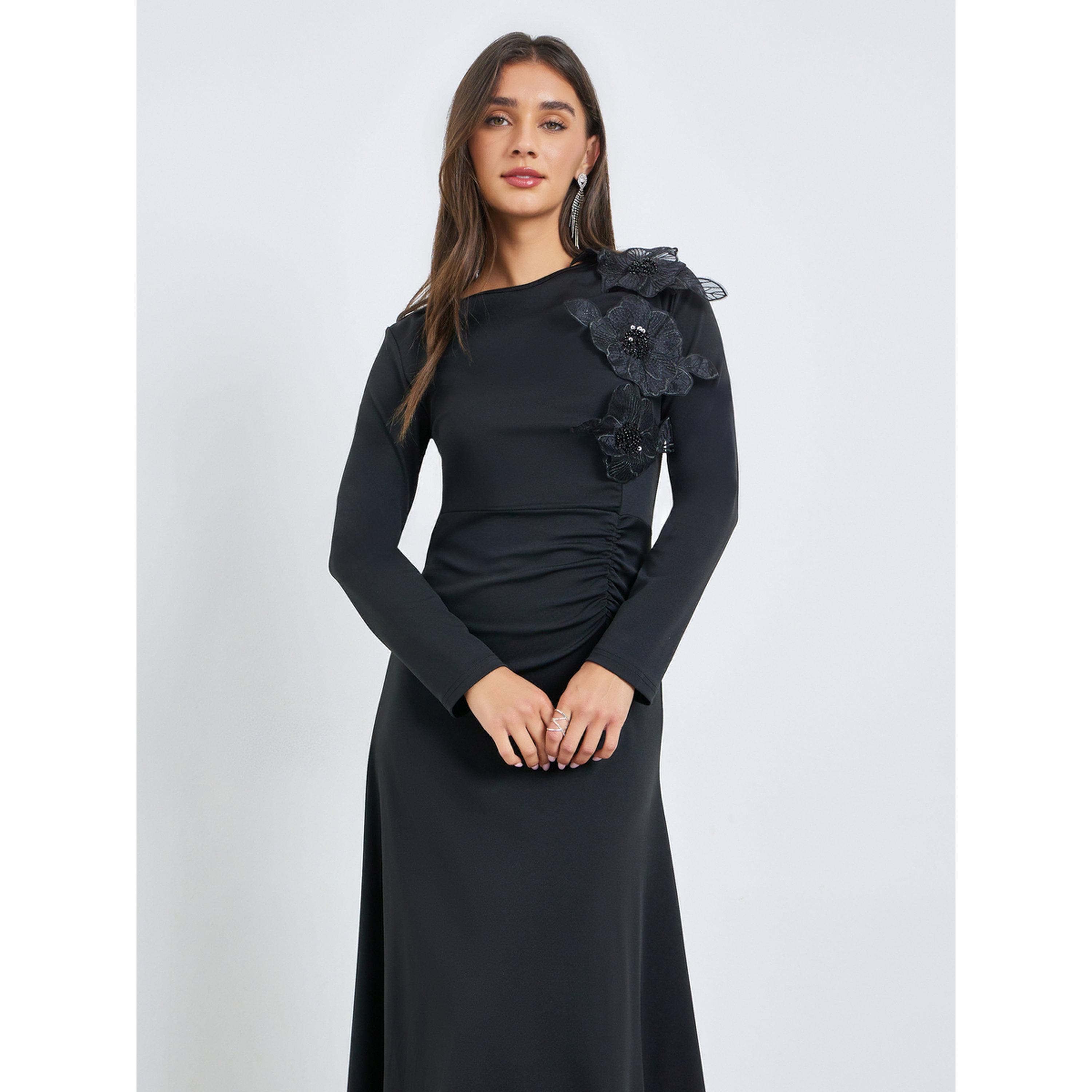 Styli Black Flower Applique A-Line Maxi Dress-women-clothing-dresses-image-2