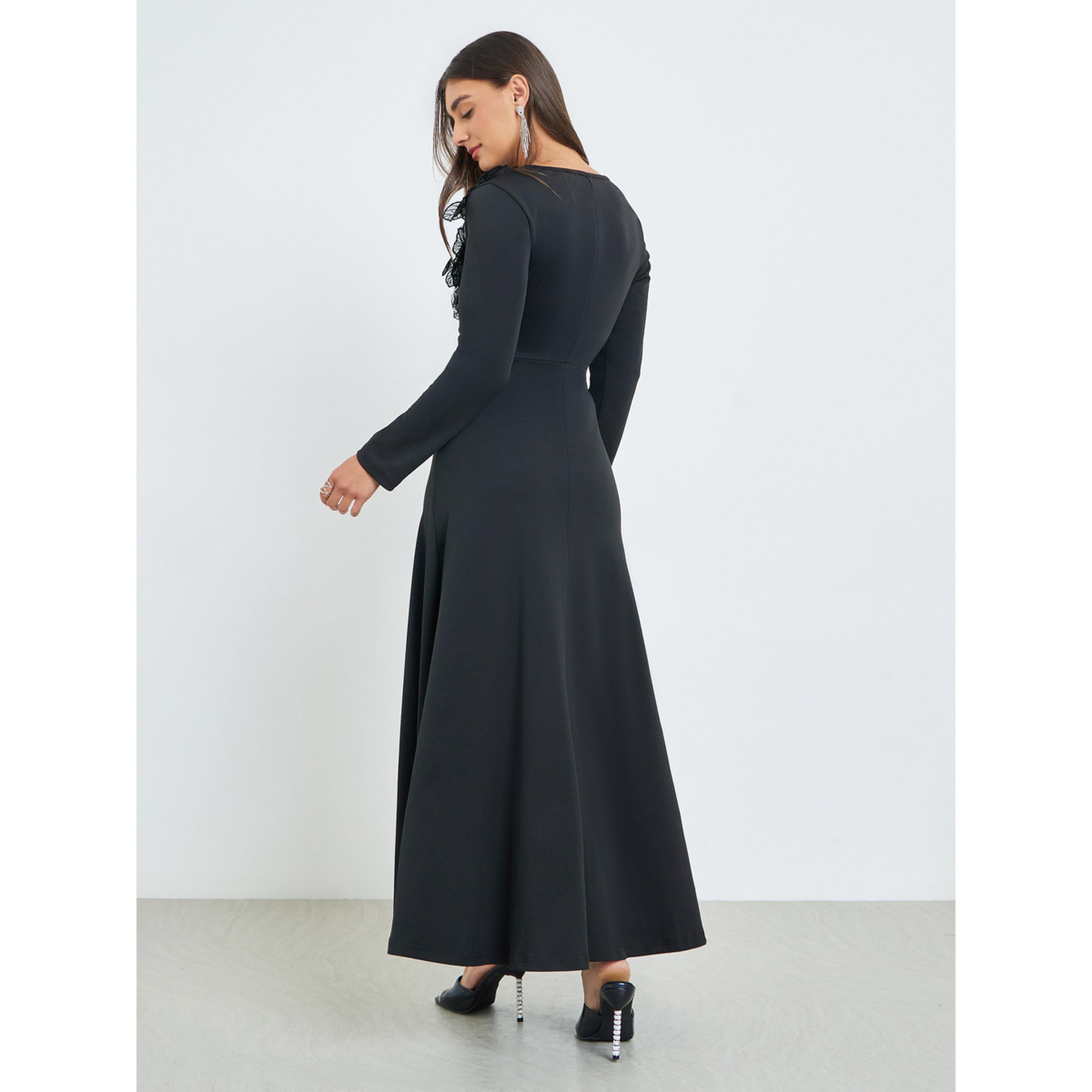 Styli Black Flower Applique A-Line Maxi Dress-women-clothing-dresses-image-4