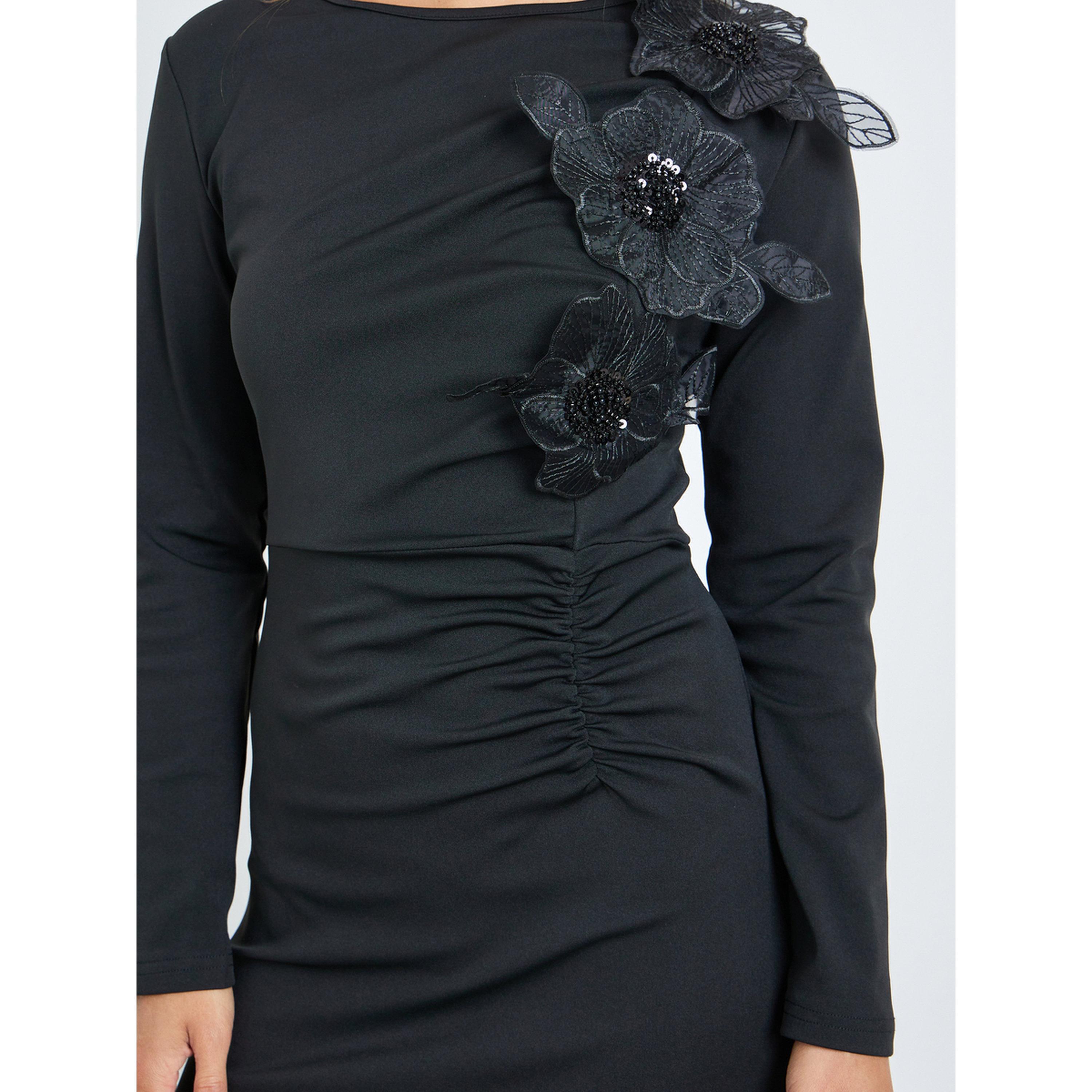 Styli Black Flower Applique A-Line Maxi Dress-women-clothing-dresses-image-5