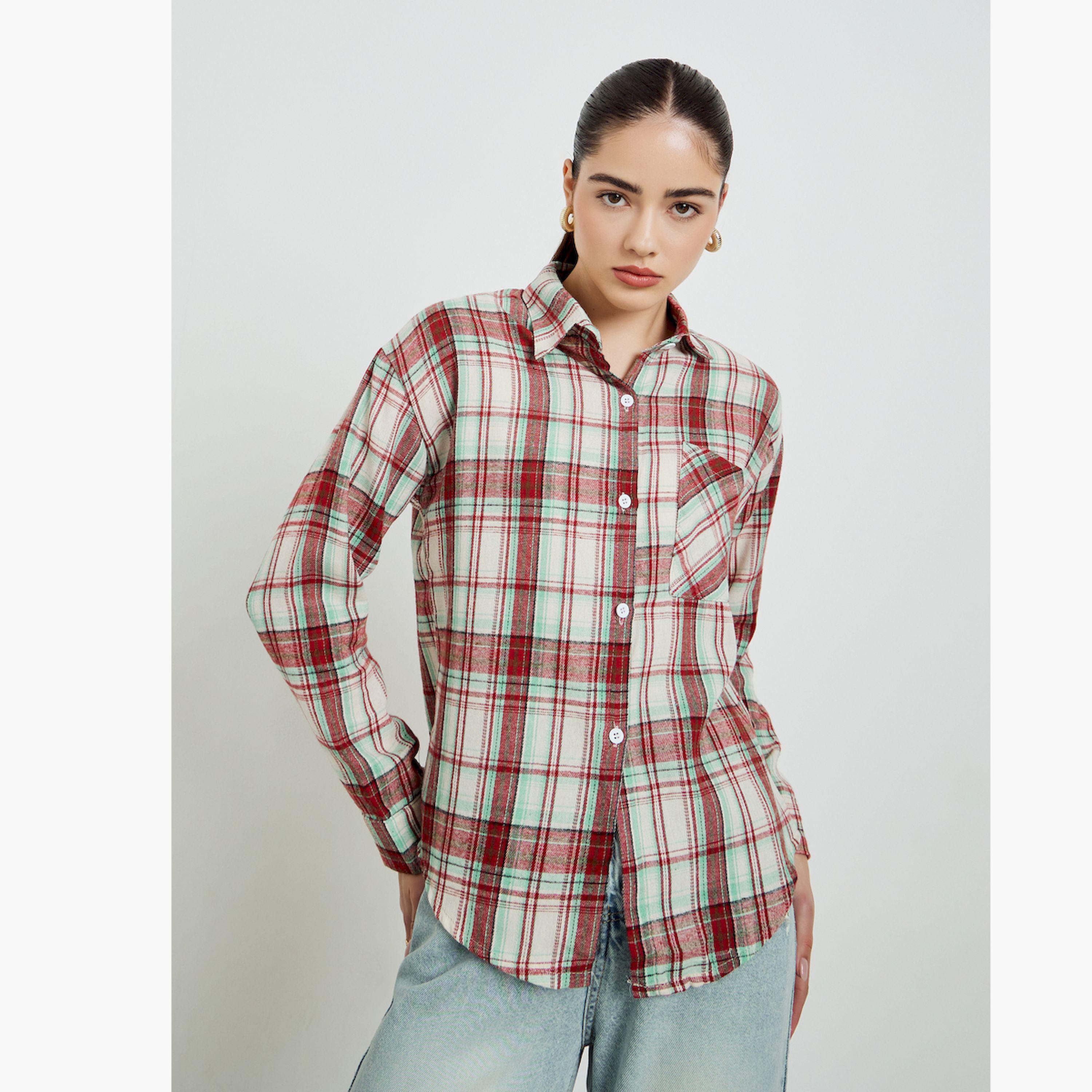 Styli Khaki Checked Oversized Shirt-women-clothing-shirtsandblouses-shirts-image-1