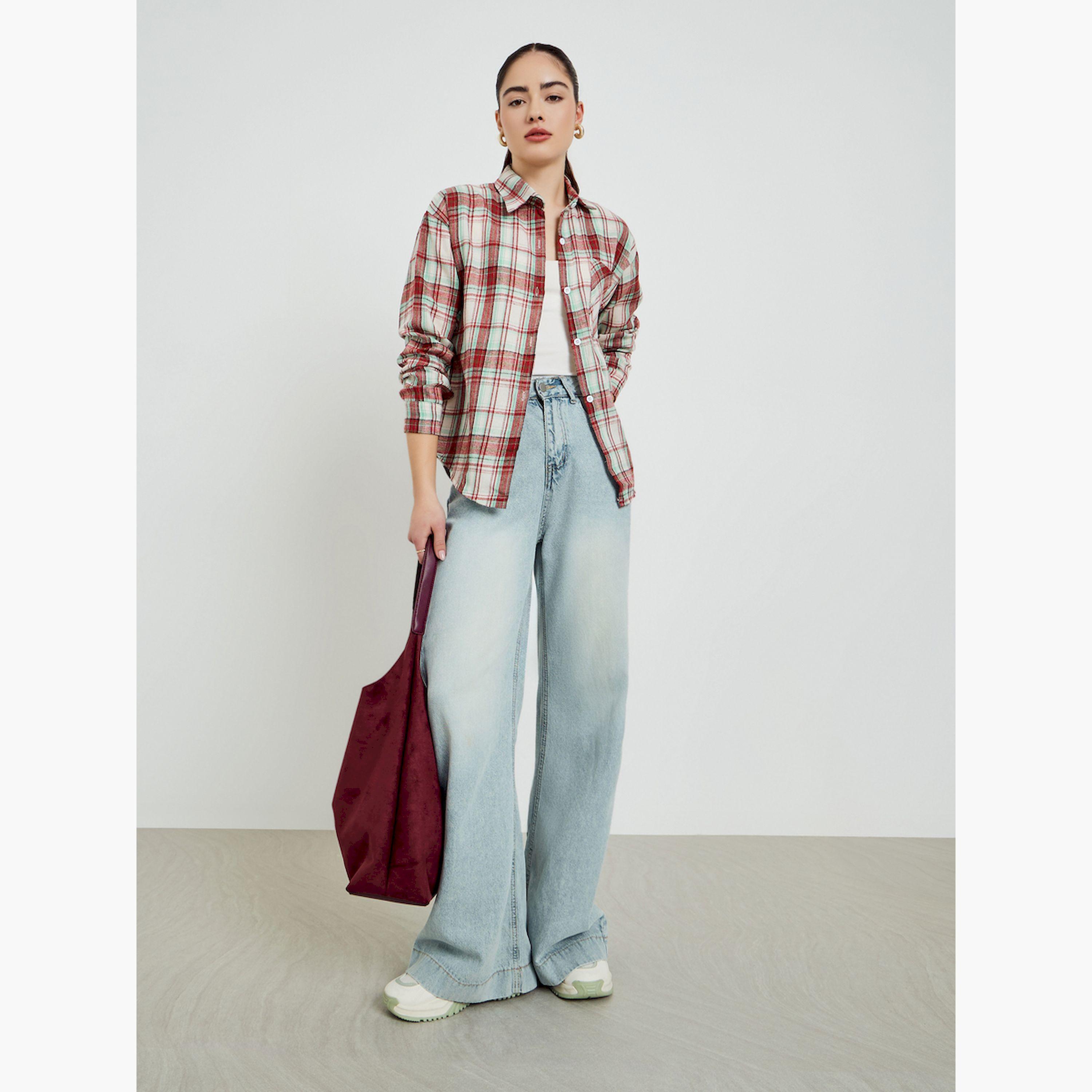 Styli Khaki Checked Oversized Shirt-women-clothing-shirtsandblouses-shirts-image-2
