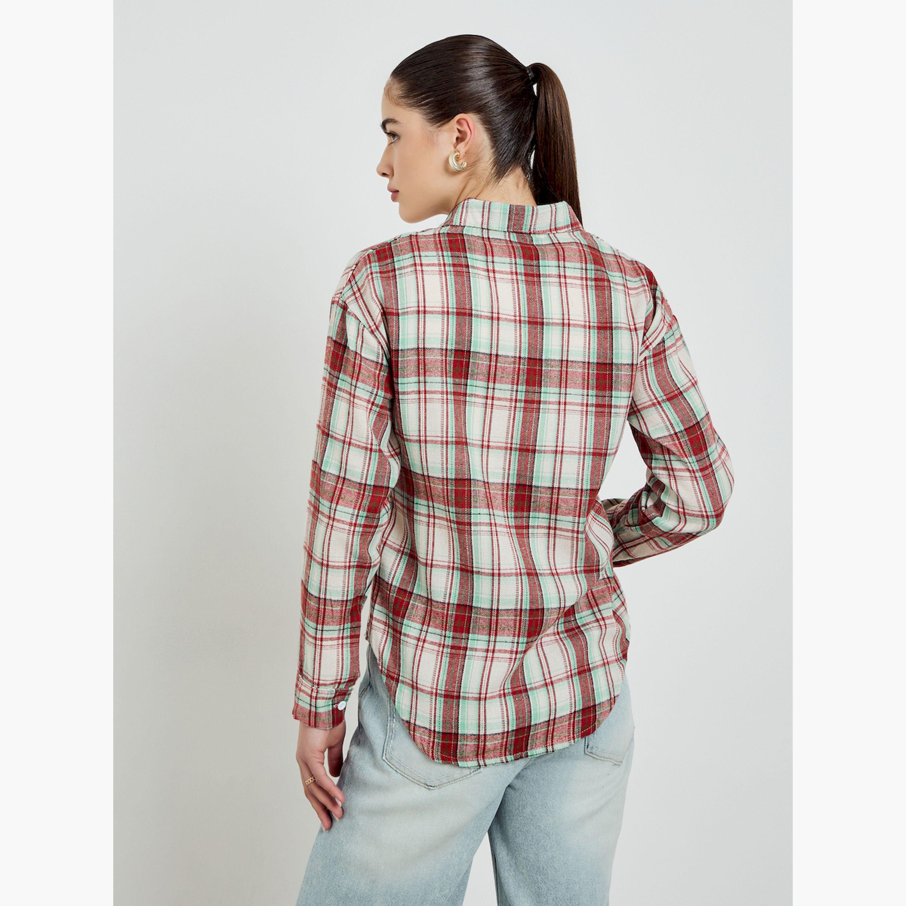Styli Khaki Checked Oversized Shirt-women-clothing-shirtsandblouses-shirts-image-4