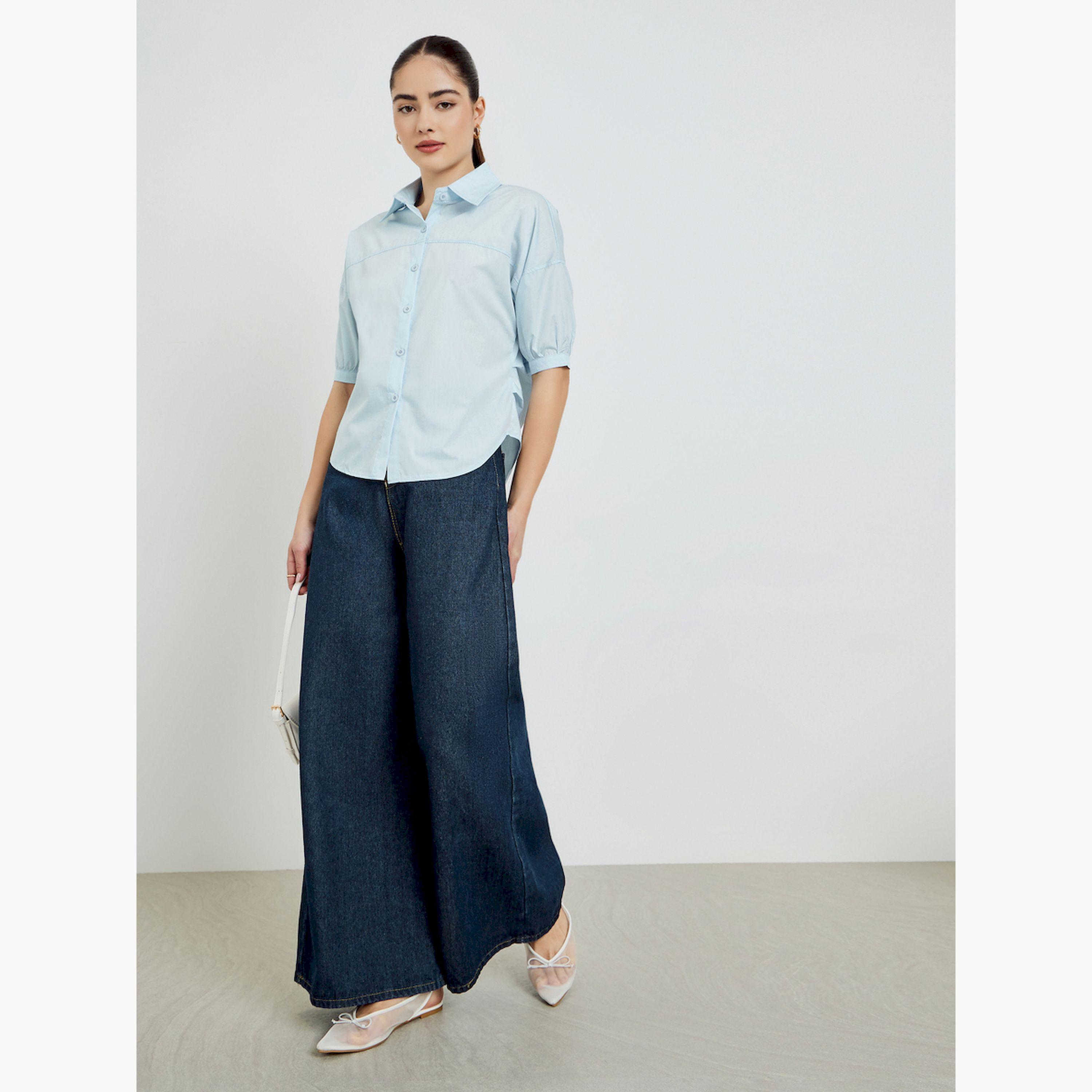 Styli Blue Short Sleeve Button-Down Shirt-women-clothing-shirtsandblouses-shirts-image-2