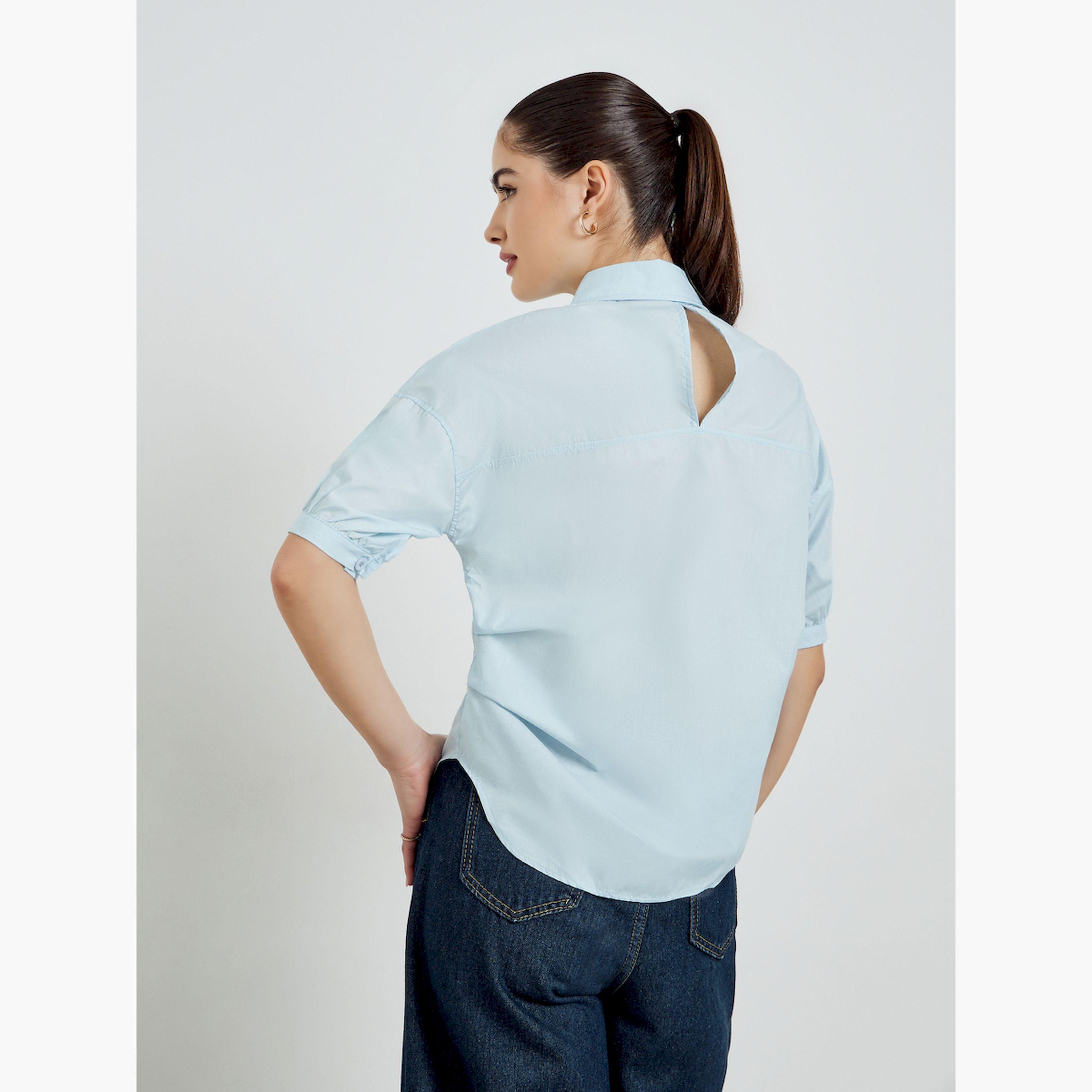 Styli Blue Short Sleeve Button-Down Shirt-women-clothing-shirtsandblouses-shirts-image-3