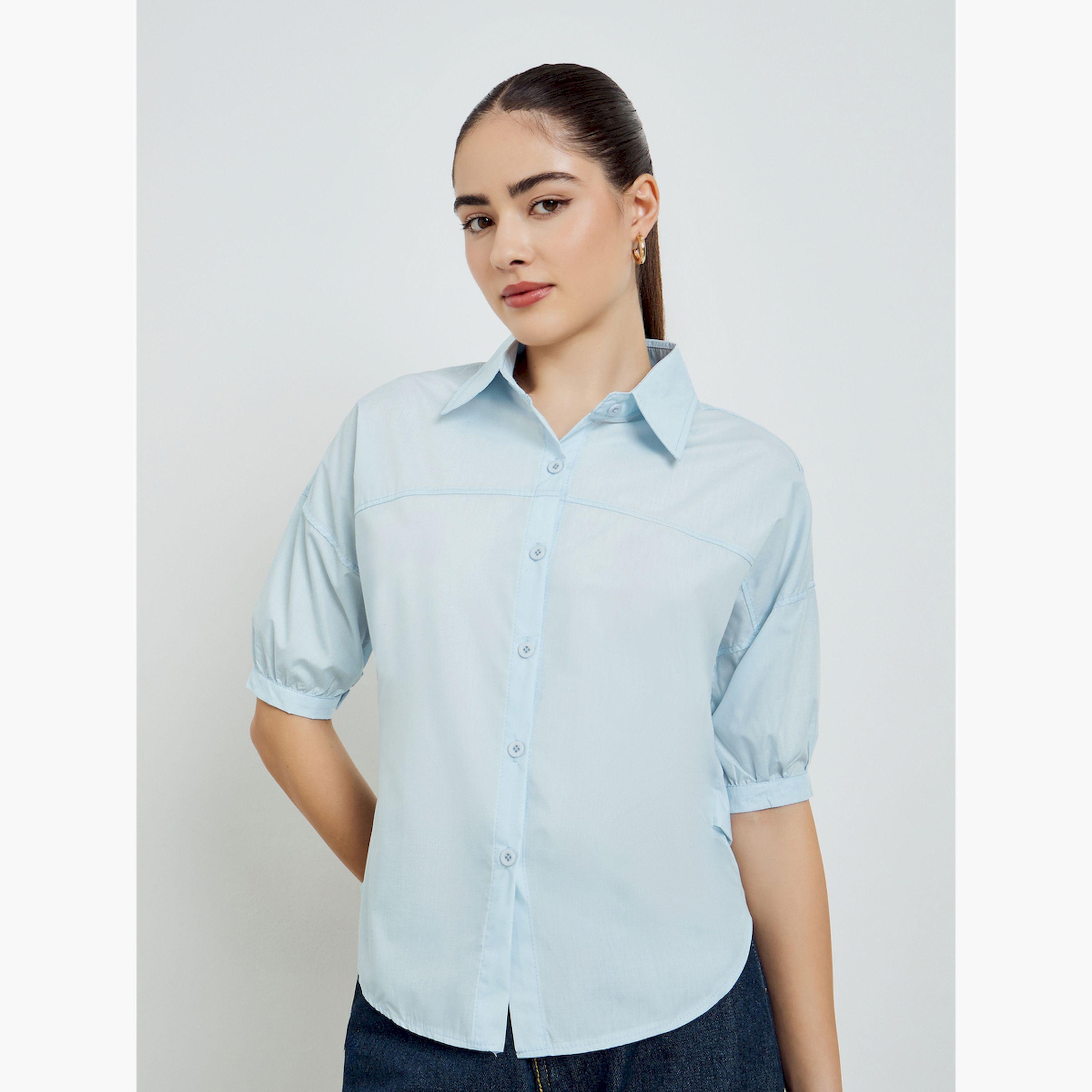 Styli Blue Short Sleeve Button-Down Shirt-women-clothing-shirtsandblouses-shirts-image-4
