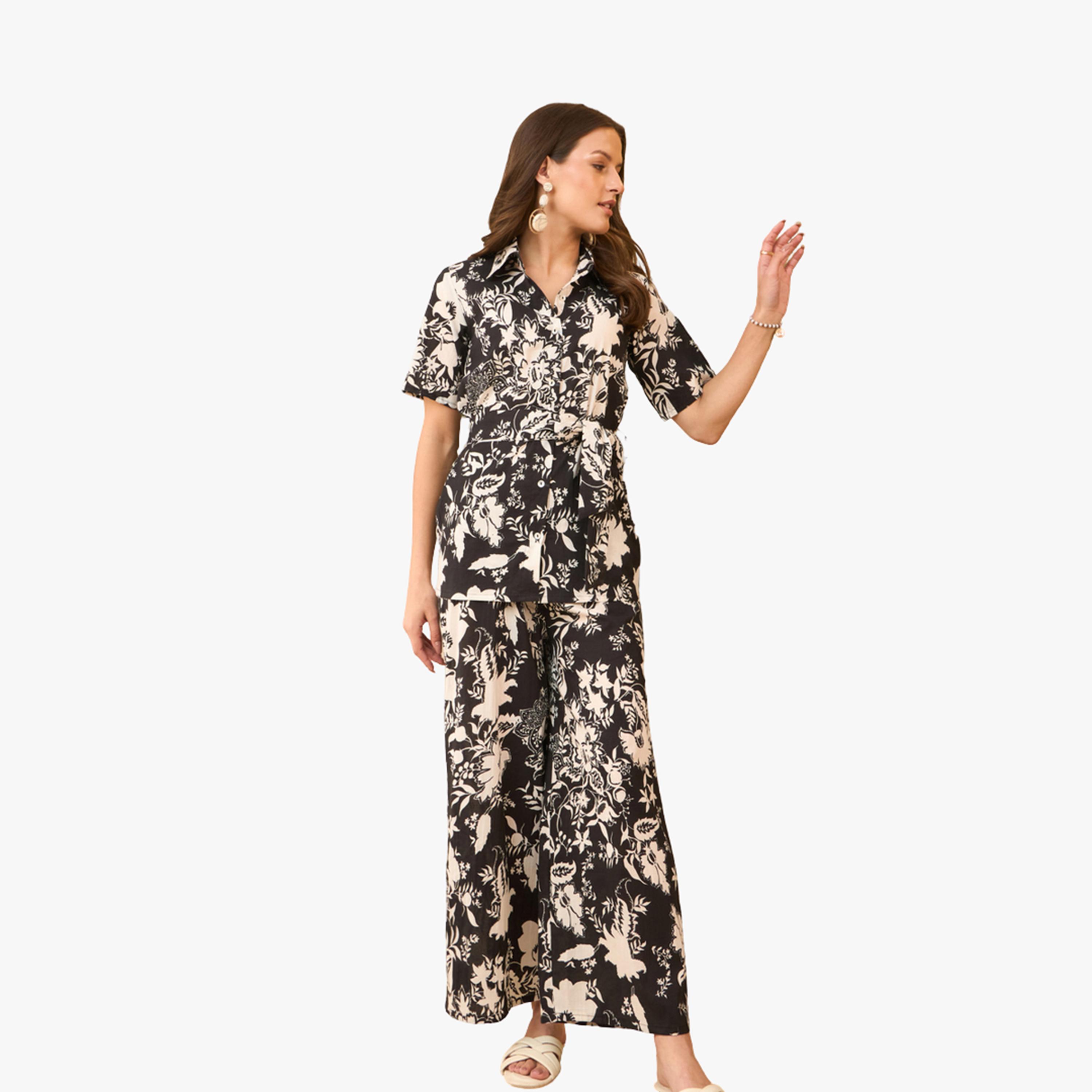 Imana X Styli Black Floral Cotton Shirt with Belt and Trousers Co-Ords-women-clothing-coordsets-image-1